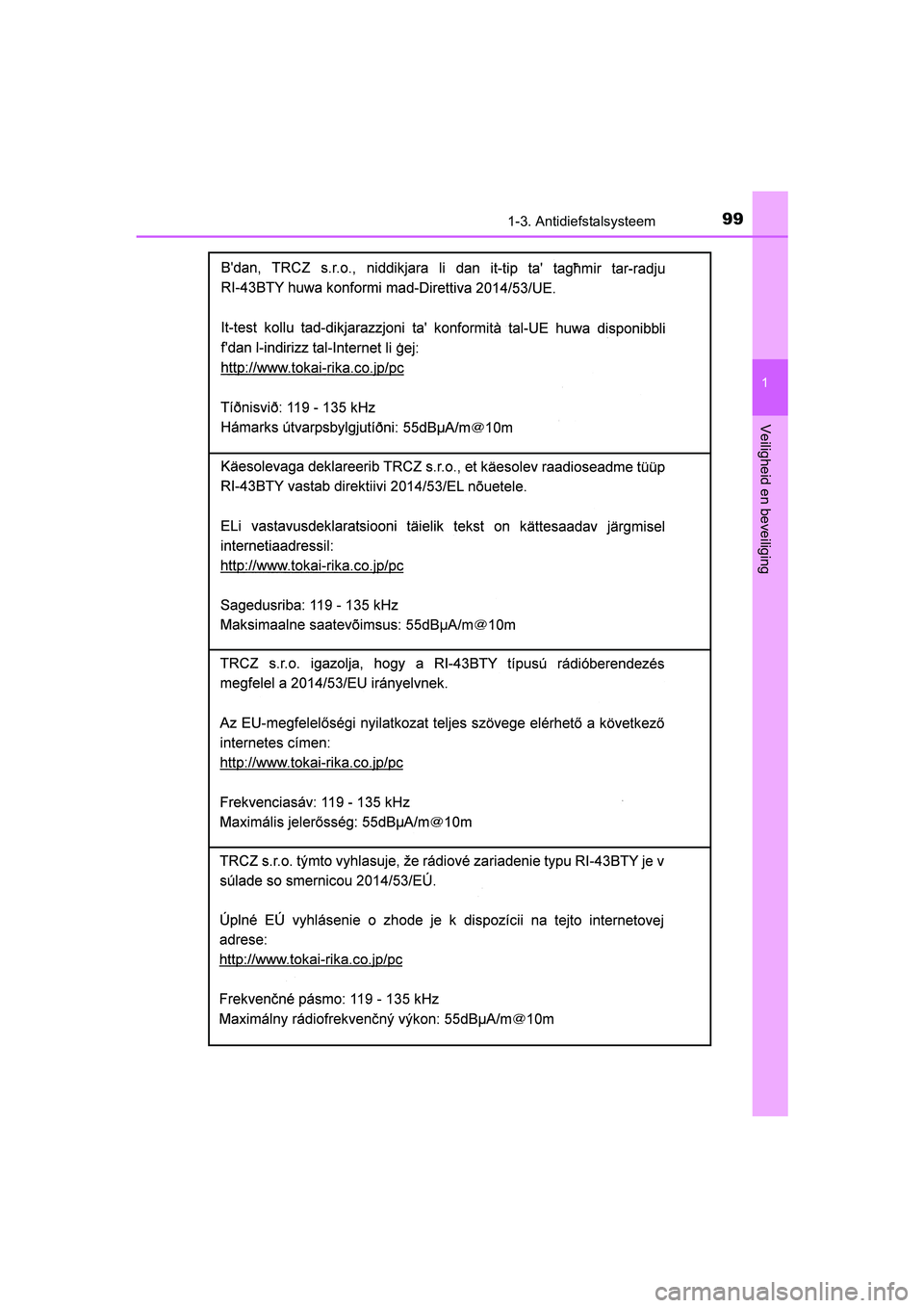TOYOTA YARIS HATCHBACK 2019  Instructieboekje (in Dutch) 991-3. Antidiefstalsysteem
1
Veiligheid en beveiliging
YARIS_F_OM_Europe_OM52A54E
YARIS_F_OM_Europe_OM52A54E.book  Page 99  Friday, February 8, 2019  1:56 PM 