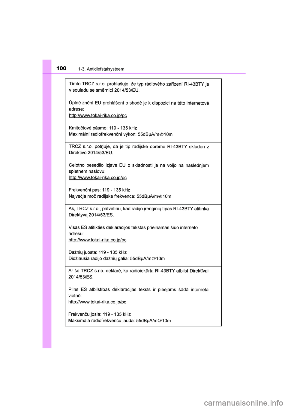 TOYOTA YARIS HATCHBACK 2019  Instructieboekje (in Dutch) 1001-3. Antidiefstalsysteem
YARIS_F_OM_Europe_OM52A54E
YARIS_F_OM_Europe_OM52A54E.book  Page 100  Friday, February 8, 2019  1:56 PM 