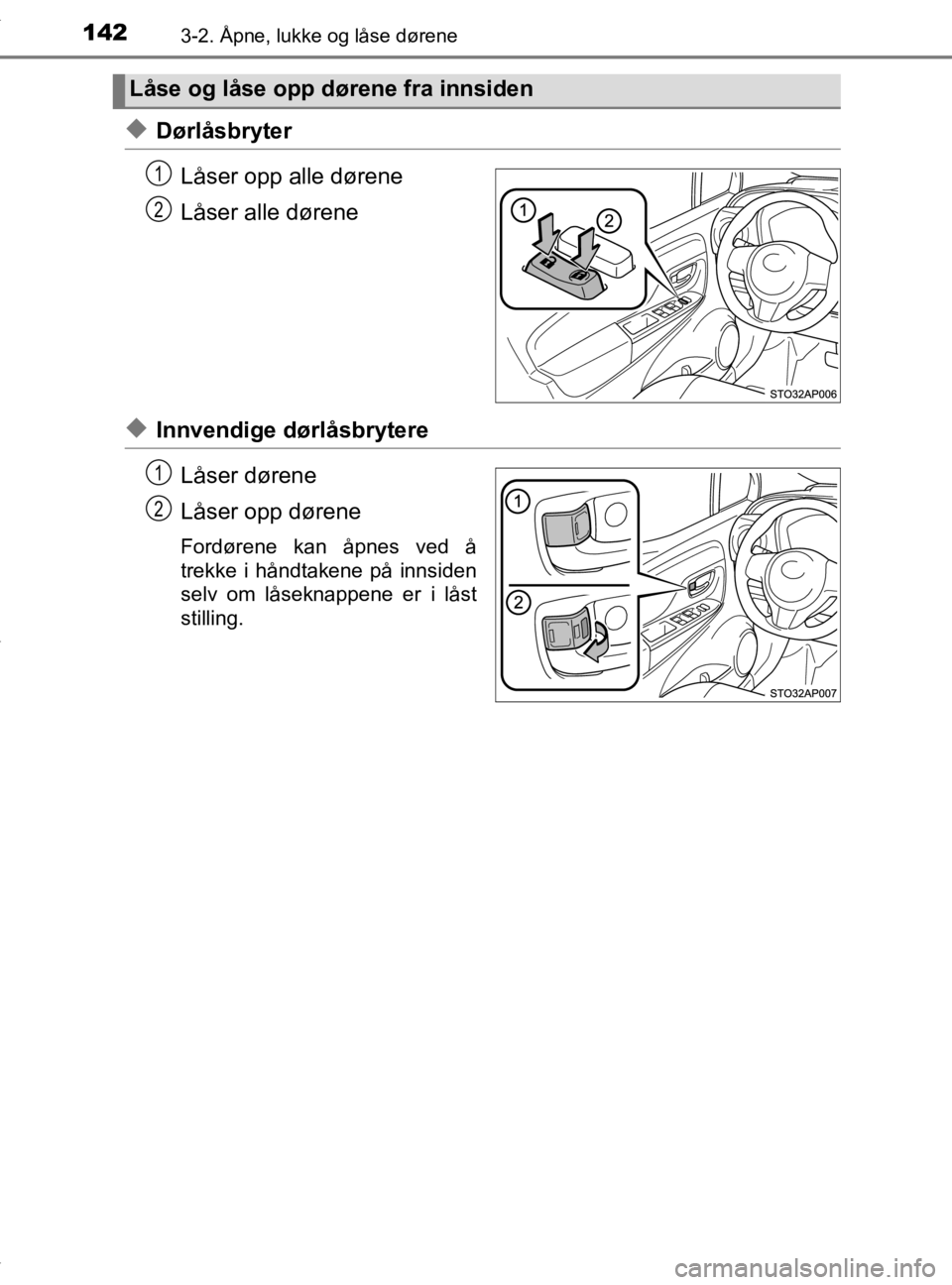 TOYOTA YARIS HATCHBACK 2019 Instruksjoner for bruk (in Norwegian) 1423-2. Åpne, lukke og låse dørene
YARIS_HV_OM_Europe_OM52A96NO
uDørlåsbryterLåser opp alle dørene
Låser alle dørene
uInnvendige dørlåsbrytereLåser dørene
Låser opp dørene
Fordørene ka TOYOTA YARIS HATCHBACK 2019 Instruksjoner for bruk (in Norwegian) 1423-2. Åpne, lukke og låse dørene
YARIS_HV_OM_Europe_OM52A96NO
uDørlåsbryterLåser opp alle dørene
Låser alle dørene
uInnvendige dørlåsbrytereLåser dørene
Låser opp dørene
Fordørene ka