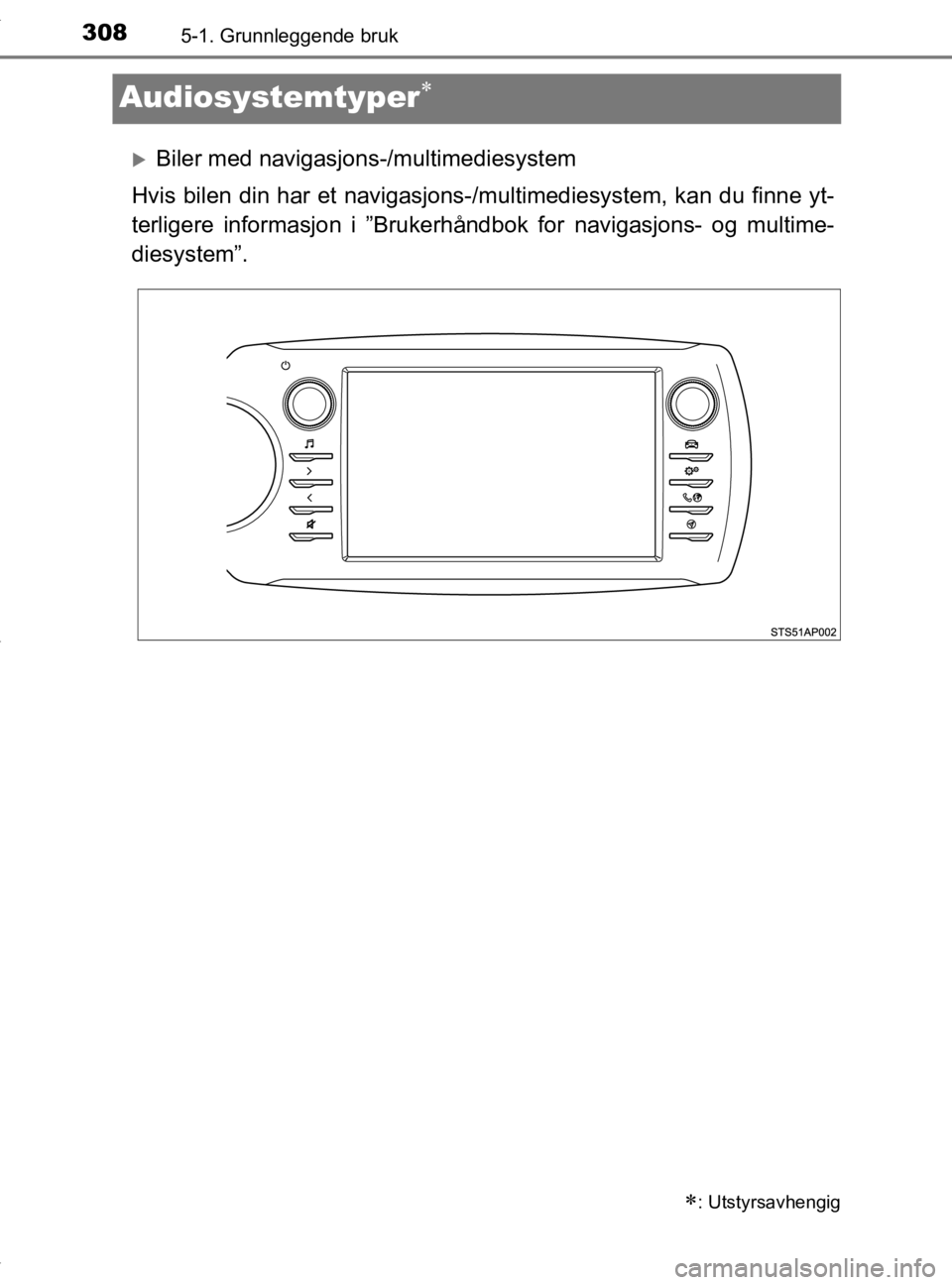 TOYOTA YARIS HATCHBACK 2019  Instruksjoner for bruk (in Norwegian) 3085-1. Grunnleggende bruk
YARIS_HV_OM_Europe_OM52A96NO
Audiosystemtyper
Biler med navigasjons-/multimediesystem
Hvis bilen din har et navigasjons-/ multimediesystem, kan du finne yt-
terligere 