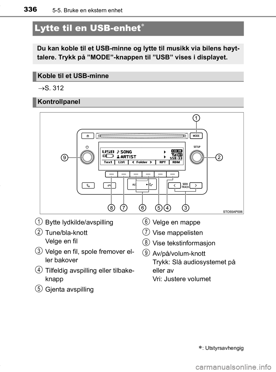 TOYOTA YARIS HATCHBACK 2019  Instruksjoner for bruk (in Norwegian) 3365-5. Bruke en ekstern enhet
YARIS_HV_OM_Europe_OM52A96NO
Lytte til en USB-enhet
S. 312
: Utstyrsavhengig
Du kan koble til et USB-minne og  lytte til musikk via bilens høyt-
talere. Trykk 