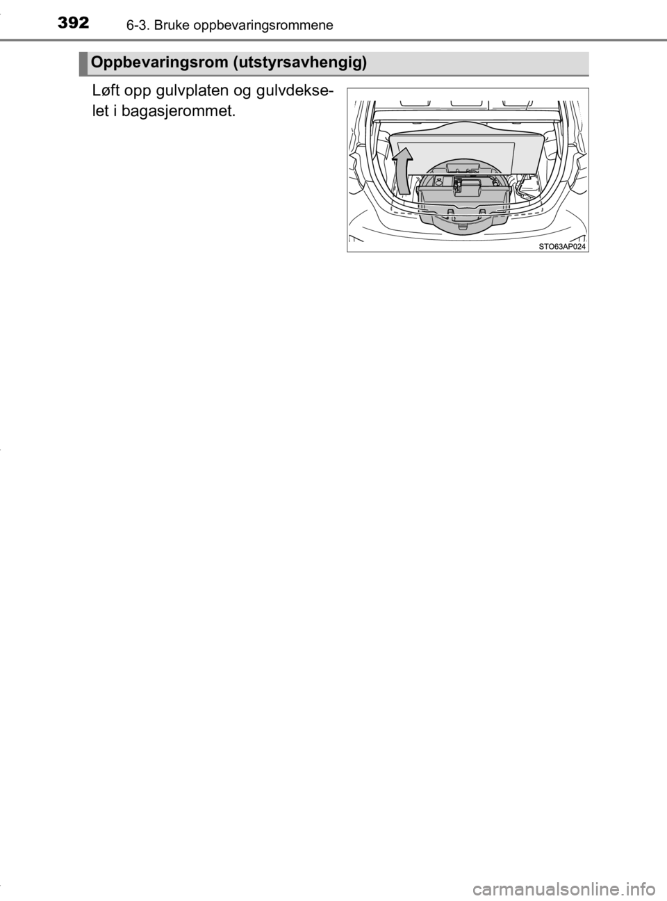 TOYOTA YARIS HATCHBACK 2019  Instruksjoner for bruk (in Norwegian) 3926-3. Bruke oppbevaringsrommene
YARIS_HV_OM_Europe_OM52A96NO
Løft opp gulvplaten og gulvdekse-
let i bagasjerommet.
Oppbevaringsrom (utstyrsavhengig)
OM52A96NO.book  Page 392  Tuesday, August 20, 2
