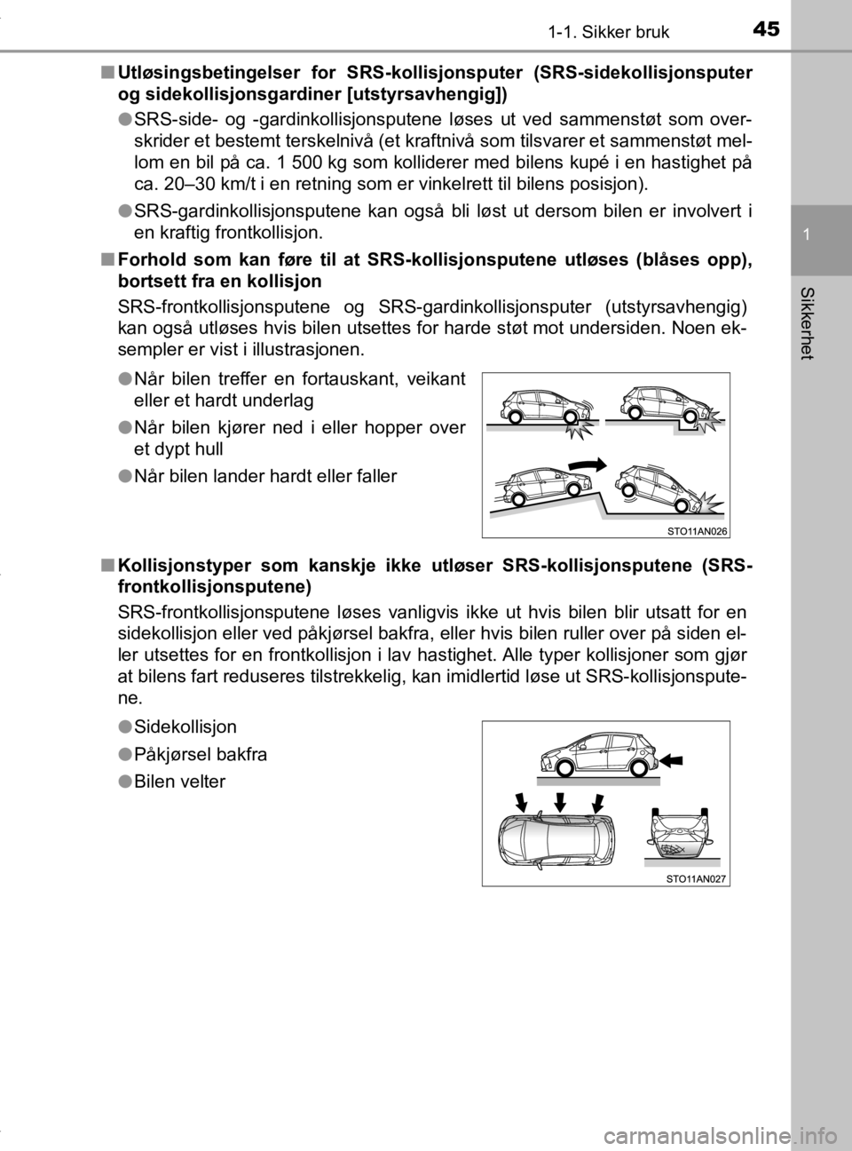 TOYOTA YARIS HATCHBACK 2019  Instruksjoner for bruk (in Norwegian) 451-1. Sikker bruk
1
Sikkerhet
YARIS_HV_OM_Europe_OM52A96NOn
Utløsingsbetingelser for SRS-koll isjonsputer (SRS-sidekollisjonsputer
og sidekollisjonsgardiner [utstyrsavhengig])
l SRS-side- og -gardin