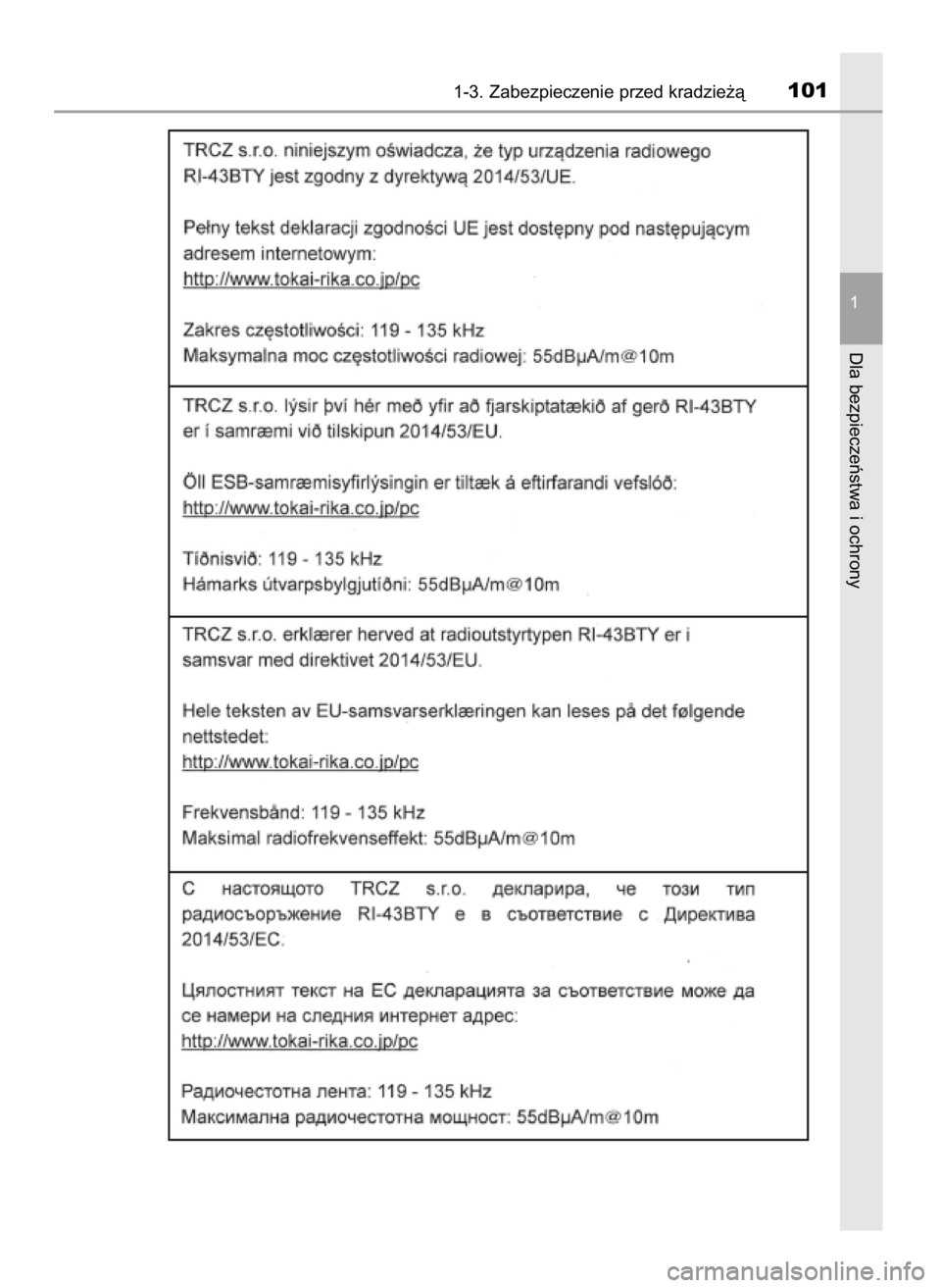 TOYOTA YARIS HATCHBACK 2019  Instrukcja obsługi (in Polish) 1-3. Zabezpieczenie przed kradzie˝à101
1
Dla bezpieczeƒstwa i ochrony
10 YARIS OM52A54E  8/4/19  11:05  Page 101    (Black plate) 