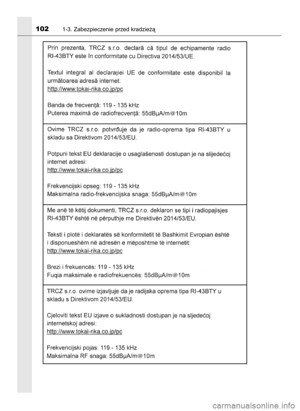 TOYOTA YARIS HATCHBACK 2019  Instrukcja obsługi (in Polish) 1021-3. Zabezpieczenie przed kradzie˝à
10 YARIS OM52A54E  8/4/19  11:05  Page 102    (Black plate) 