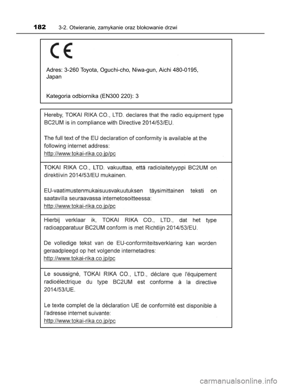 TOYOTA YARIS HATCHBACK 2019 Instrukcja obsługi (in Polish) 1823-2. Otwieranie, zamykanie oraz blokowanie drzwi
Adres: 3-260 Toyota, Oguchi-cho, Niwa-gun, Aichi 480-0195,
Japan
Kategoria odbiornika (EN300 220): 3
10 YARIS OM52A54E 8/4/19 11:06 Page 182 ( TOYOTA YARIS HATCHBACK 2019 Instrukcja obsługi (in Polish) 1823-2. Otwieranie, zamykanie oraz blokowanie drzwi
Adres: 3-260 Toyota, Oguchi-cho, Niwa-gun, Aichi 480-0195,
Japan
Kategoria odbiornika (EN300 220): 3
10 YARIS OM52A54E 8/4/19 11:06 Page 182 (