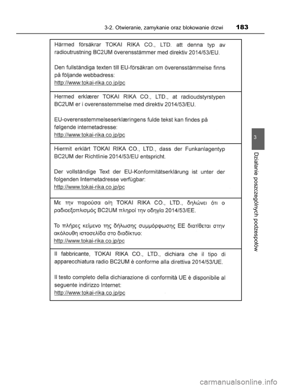 TOYOTA YARIS HATCHBACK 2019 Instrukcja obsługi (in Polish) 3-2. Otwieranie, zamykanie oraz blokowanie drzwi183
3
Dzia∏anie poszczególnych podzespo∏ów
10 YARIS OM52A54E 8/4/19 11:06 Page 183 (Black plate) TOYOTA YARIS HATCHBACK 2019 Instrukcja obsługi (in Polish) 3-2. Otwieranie, zamykanie oraz blokowanie drzwi183
3
Dzia∏anie poszczególnych podzespo∏ów
10 YARIS OM52A54E 8/4/19 11:06 Page 183 (Black plate)