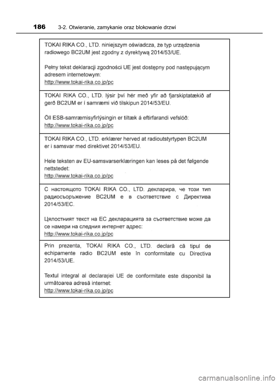 TOYOTA YARIS HATCHBACK 2019 Instrukcja obsługi (in Polish) 1863-2. Otwieranie, zamykanie oraz blokowanie drzwi
10 YARIS OM52A54E 8/4/19 11:06 Page 186 (Black plate) TOYOTA YARIS HATCHBACK 2019 Instrukcja obsługi (in Polish) 1863-2. Otwieranie, zamykanie oraz blokowanie drzwi
10 YARIS OM52A54E 8/4/19 11:06 Page 186 (Black plate)
