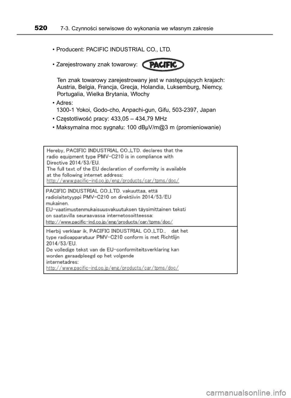 TOYOTA YARIS HATCHBACK 2019 Instrukcja obsługi (in Polish) 5207-3. CzynnoÊci serwisowe do wykonania we w∏asnym zakresie
• Producent: PACIFIC INDUSTRIAL CO., LTD.
• Zarejestrowany znak towarowy:
Ten znak towarowy zarejestrowany jest w nast´pujàcych kr TOYOTA YARIS HATCHBACK 2019 Instrukcja obsługi (in Polish) 5207-3. CzynnoÊci serwisowe do wykonania we w∏asnym zakresie
• Producent: PACIFIC INDUSTRIAL CO., LTD.
• Zarejestrowany znak towarowy:
Ten znak towarowy zarejestrowany jest w nast´pujàcych kr