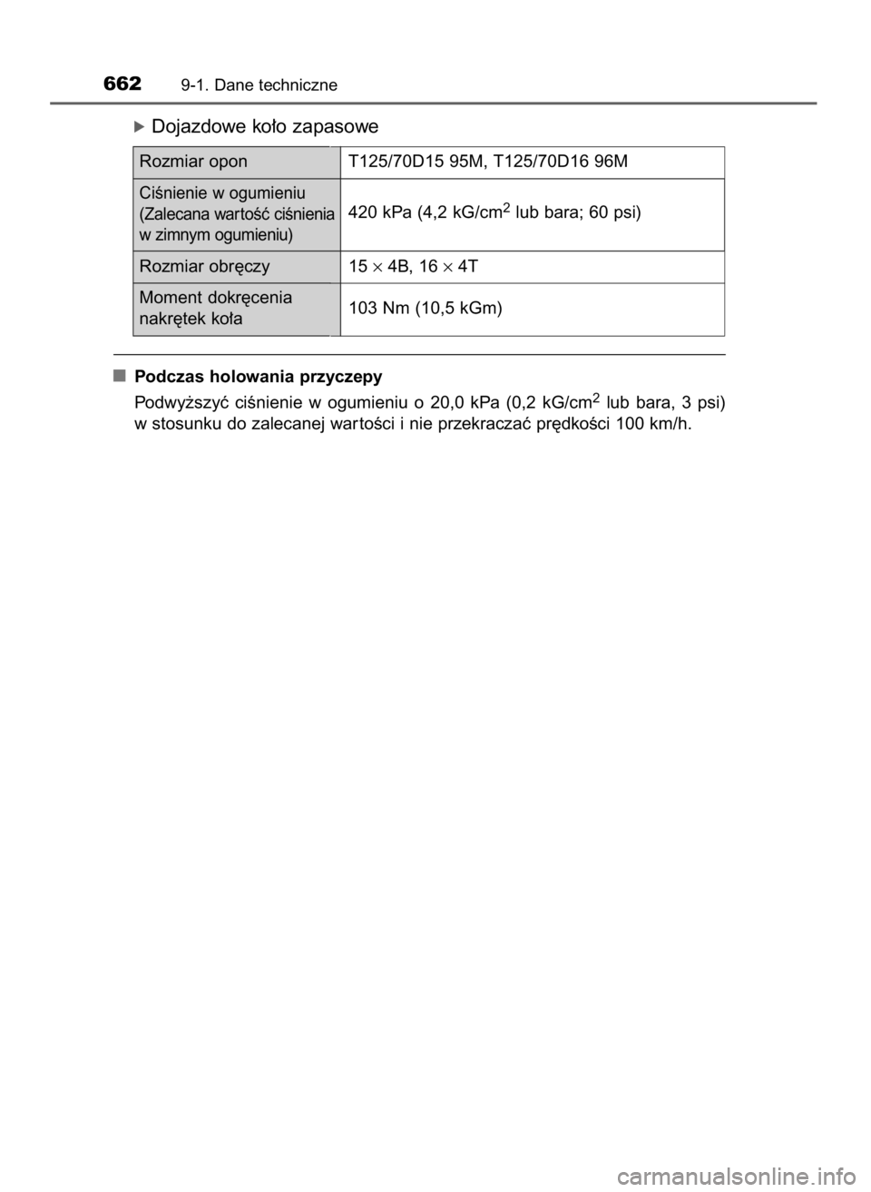 TOYOTA YARIS HATCHBACK 2019  Instrukcja obsługi (in Polish) óDojazdowe ko∏o zapasowe
Podczas holowania przyczepy
Podwy˝szyç  ciÊnienie  w ogumieniu  o 20,0  kPa  (0,2  kG/cm
2lub  bara,  3  psi)
w stosunku do zalecanej war toÊci i nie przekraczaç pr´d