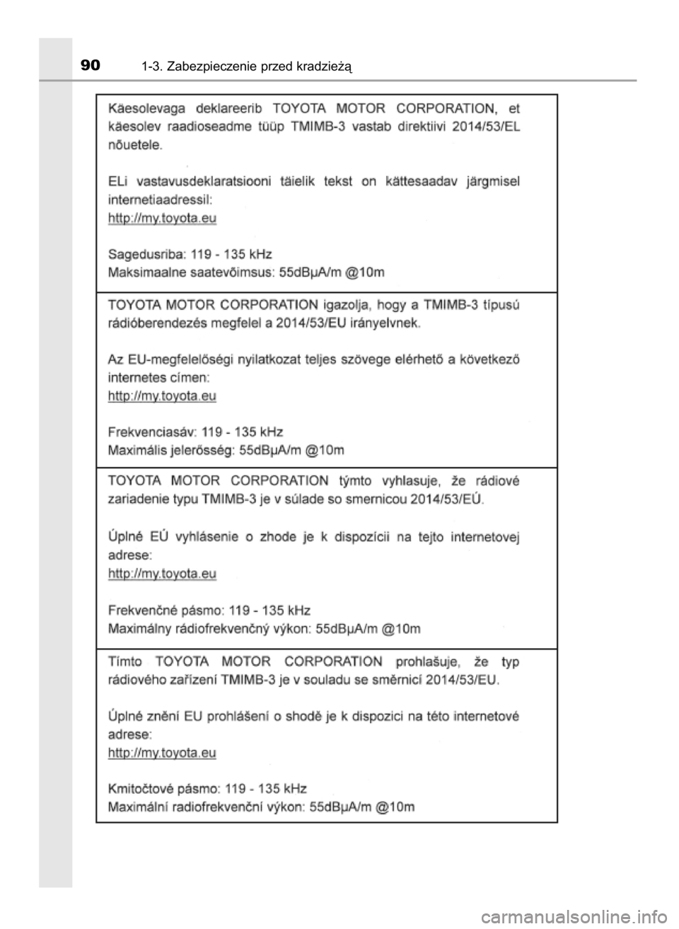 TOYOTA YARIS HATCHBACK 2019  Instrukcja obsługi (in Polish) 901-3. Zabezpieczenie przed kradzie˝à
10 YARIS OM52A54E  8/4/19  11:05  Page 90    (Black plate) 