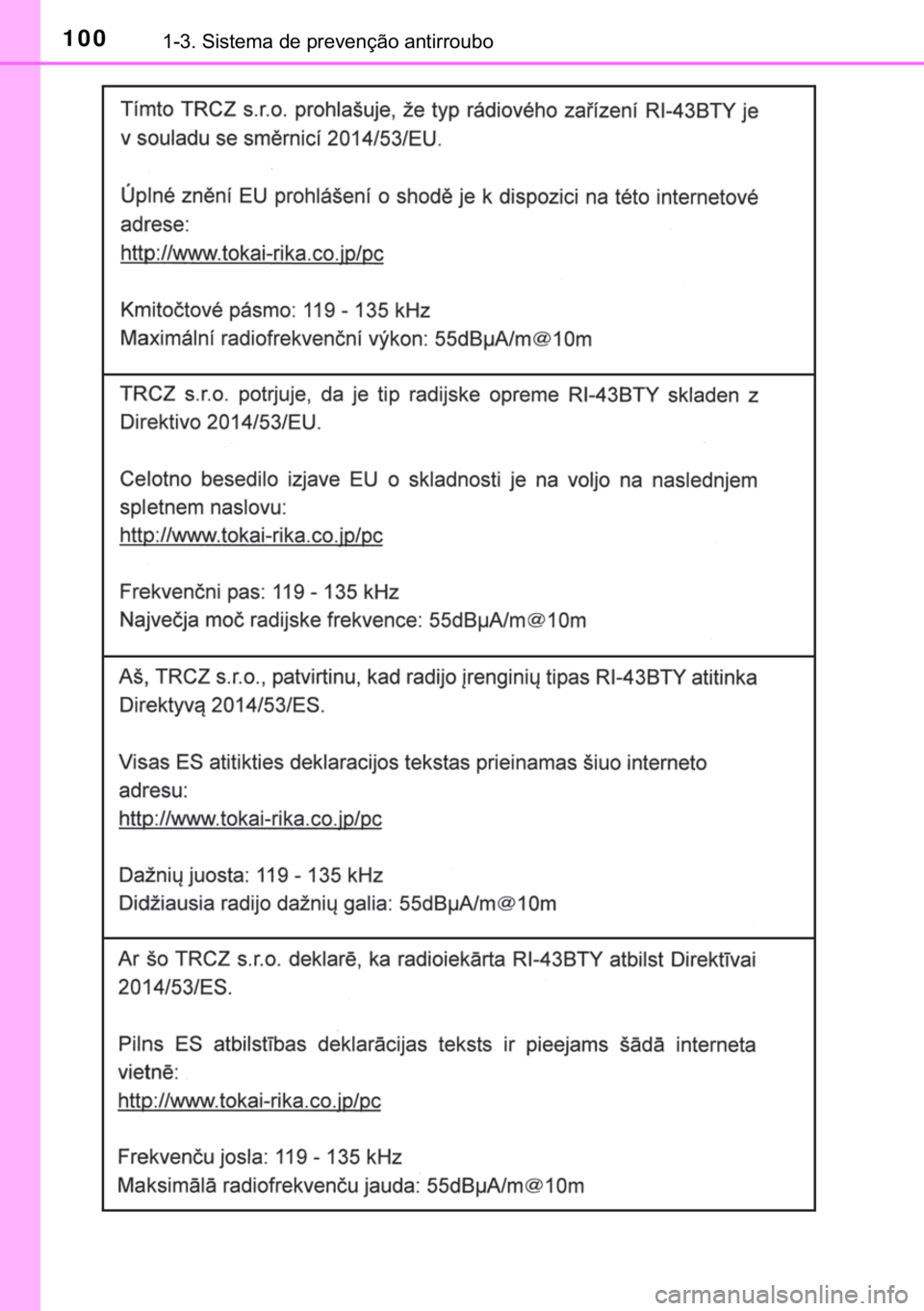 TOYOTA YARIS HATCHBACK 2019  Manual de utilização (in Portuguese) 100������6�L�V�W�H�P�D��G�H��S�U�H�Y�H�Q�o�m�R��D�Q�W�L�U�U�R�X�E�R 