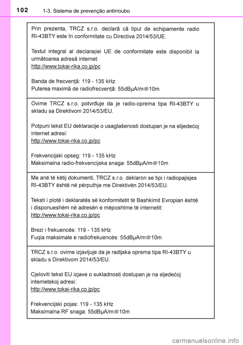 TOYOTA YARIS HATCHBACK 2019  Manual de utilização (in Portuguese) 102������6�L�V�W�H�P�D��G�H��S�U�H�Y�H�Q�o�m�R��D�Q�W�L�U�U�R�X�E�R 
