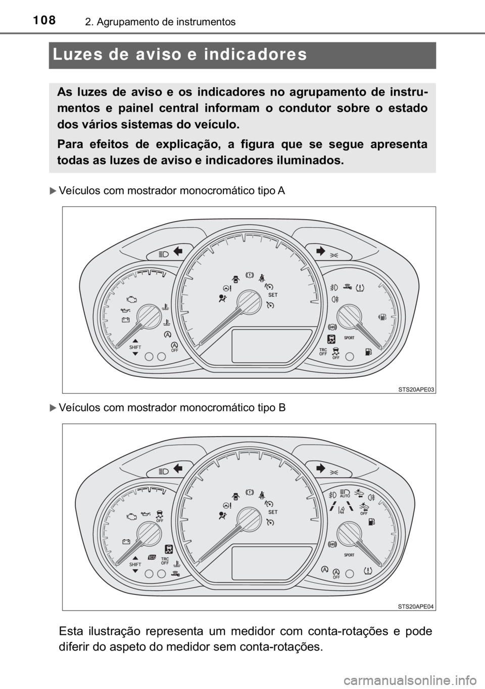 TOYOTA YARIS HATCHBACK 2019  Manual de utilização (in Portuguese) 108����$�J�U�X�S�D�P�H�Q�W�R��G�H��L�Q�V�W�U�X�P�H�Q�W�R�V
Luzes de aviso e indicadores
�X�9�H�t�F�X�O�R�V��F�R�P��P�R�V�W�U�D�G�R�U��P�R�Q�R�F�U�R�P�i�W�L�F�R��W�L�S�R��$
�X�9�H�t�F�X�O�R�V