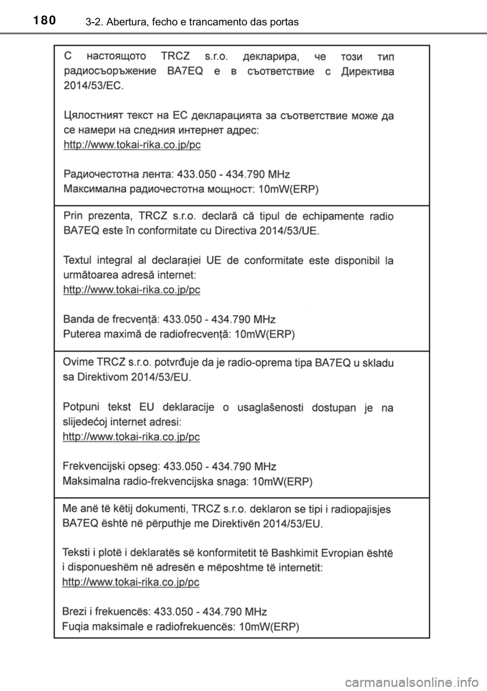 TOYOTA YARIS HATCHBACK 2019  Manual de utilização (in Portuguese) 180������$�E�H�U�W�X�U�D���I�H�F�K�R��H��W�U�D�Q�F�D�P�H�Q�W�R��G�D�V��S�R�U�W�D�V 