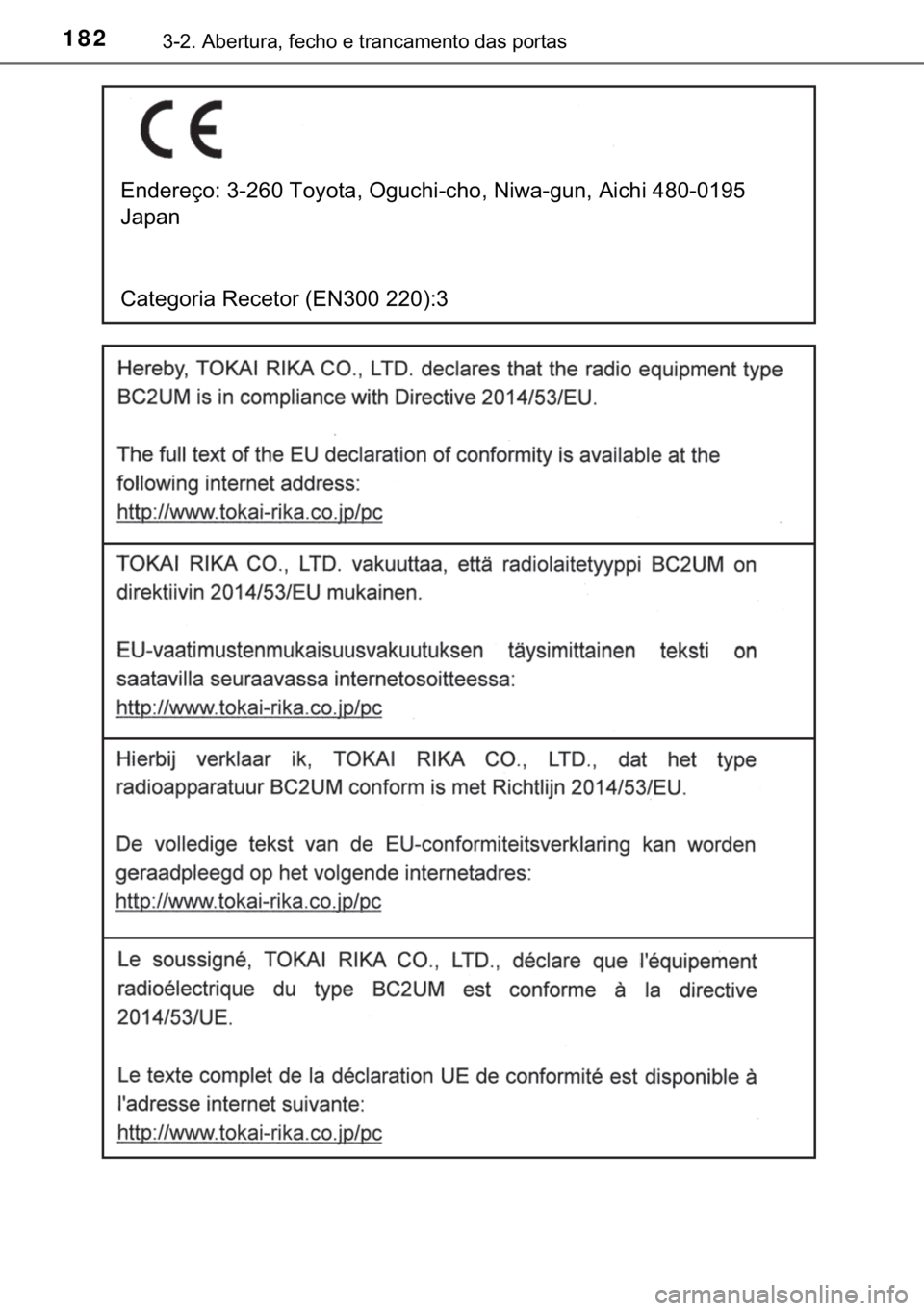 TOYOTA YARIS HATCHBACK 2019  Manual de utilização (in Portuguese) 182������$�E�H�U�W�X�U�D���I�H�F�K�R��H��W�U�D�Q�F�D�P�H�Q�W�R��G�D�V��S�R�U�W�D�V
<002800510047004800550048006f0052001d000300160010001500190013000300370052005c005200570044000f00030032004a0
