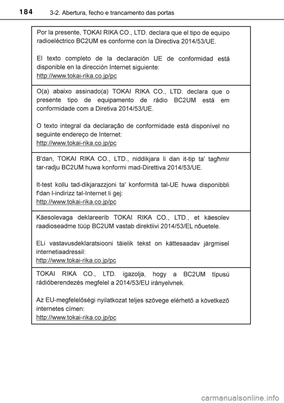 TOYOTA YARIS HATCHBACK 2019  Manual de utilização (in Portuguese) 184������$�E�H�U�W�X�U�D���I�H�F�K�R��H��W�U�D�Q�F�D�P�H�Q�W�R��G�D�V��S�R�U�W�D�V 