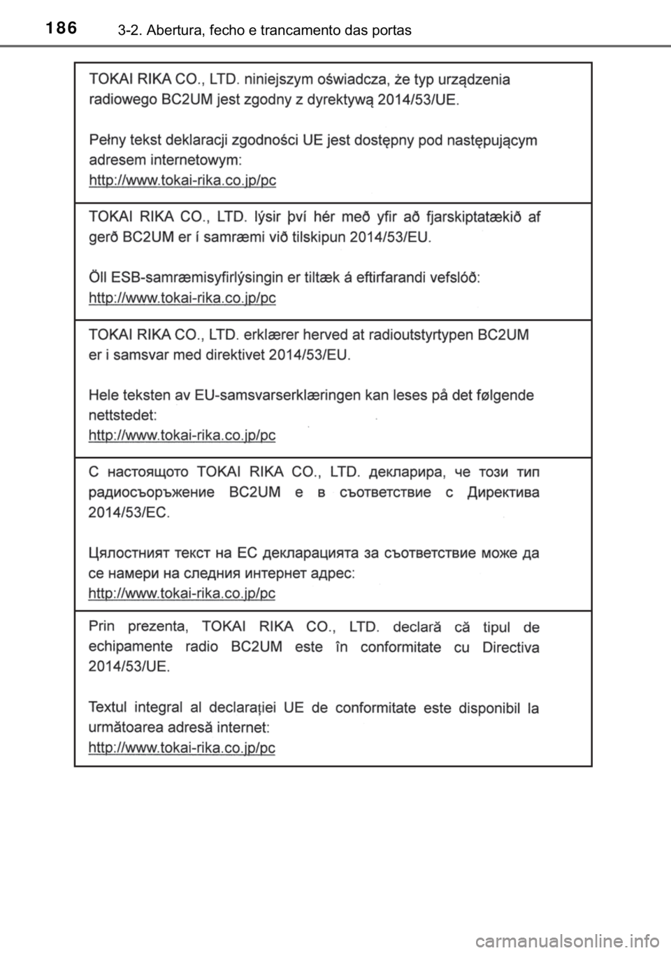 TOYOTA YARIS HATCHBACK 2019  Manual de utilização (in Portuguese) 186������$�E�H�U�W�X�U�D���I�H�F�K�R��H��W�U�D�Q�F�D�P�H�Q�W�R��G�D�V��S�R�U�W�D�V 