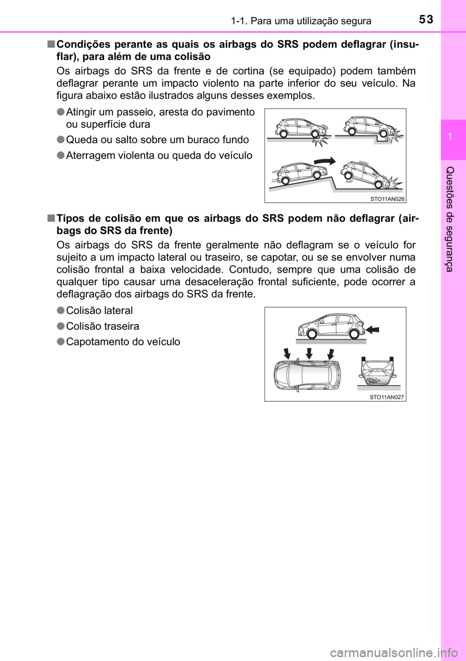 TOYOTA YARIS HATCHBACK 2019  Manual de utilização (in Portuguese) 53������3�D�U�D��X�P�D��X�W�L�O�L�]�D�o�m�R��V�H�J�X�U�D
�
�4�X�H�V�W�}�H�V��G�H��V�H�J�X�U�D�Q�o�D
■�&�R�Q�G�L�o�}�H�V� �S�H�U�D�Q�W�H� �D�V� �T�X�D�L�V� �R�V� �D�L�U�E�D�J�V� �G�R