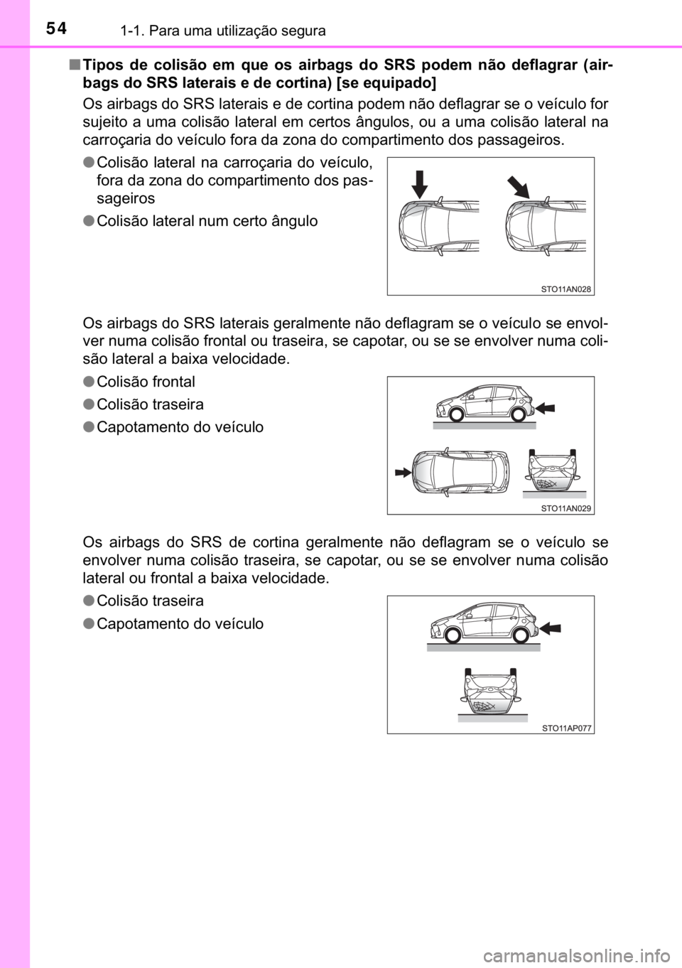 TOYOTA YARIS HATCHBACK 2019  Manual de utilização (in Portuguese) 54������3�D�U�D��X�P�D��X�W�L�O�L�]�D�o�m�R��V�H�J�X�U�D
■�7�L�S�R�V� �G�H� �F�R�O�L�V�m�R� �H�P� �T�X�H� �R�V� �D�L�U�E�D�J�V� �G�R� �6�5�6� �S�R�G�H�P� �Q�m�R� �G�H�I�O�D�J�U�D�