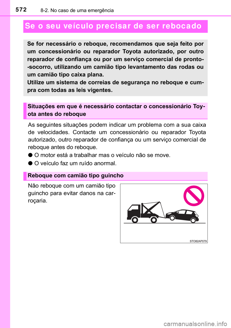TOYOTA YARIS HATCHBACK 2019  Manual de utilização (in Portuguese) 572������1�R��F�D�V�R��G�H��X�P�D��H�P�H�U�J�r�Q�F�L�D
Se o seu veículo precisar de ser rebocado
�$�V��V�H�J�X�L�Q�W�H�V��V�L�W�X�D�o�}�H�V��S�R�G�H�P��L�Q�G�L�F�D�U��X�P��S�U�R�E�O�H�