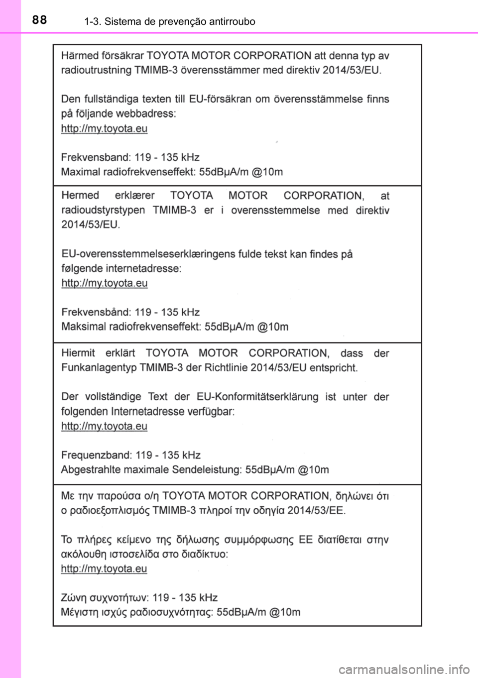 TOYOTA YARIS HATCHBACK 2019  Manual de utilização (in Portuguese) 88������6�L�V�W�H�P�D��G�H��S�U�H�Y�H�Q�o�m�R��D�Q�W�L�U�U�R�X�E�R 
