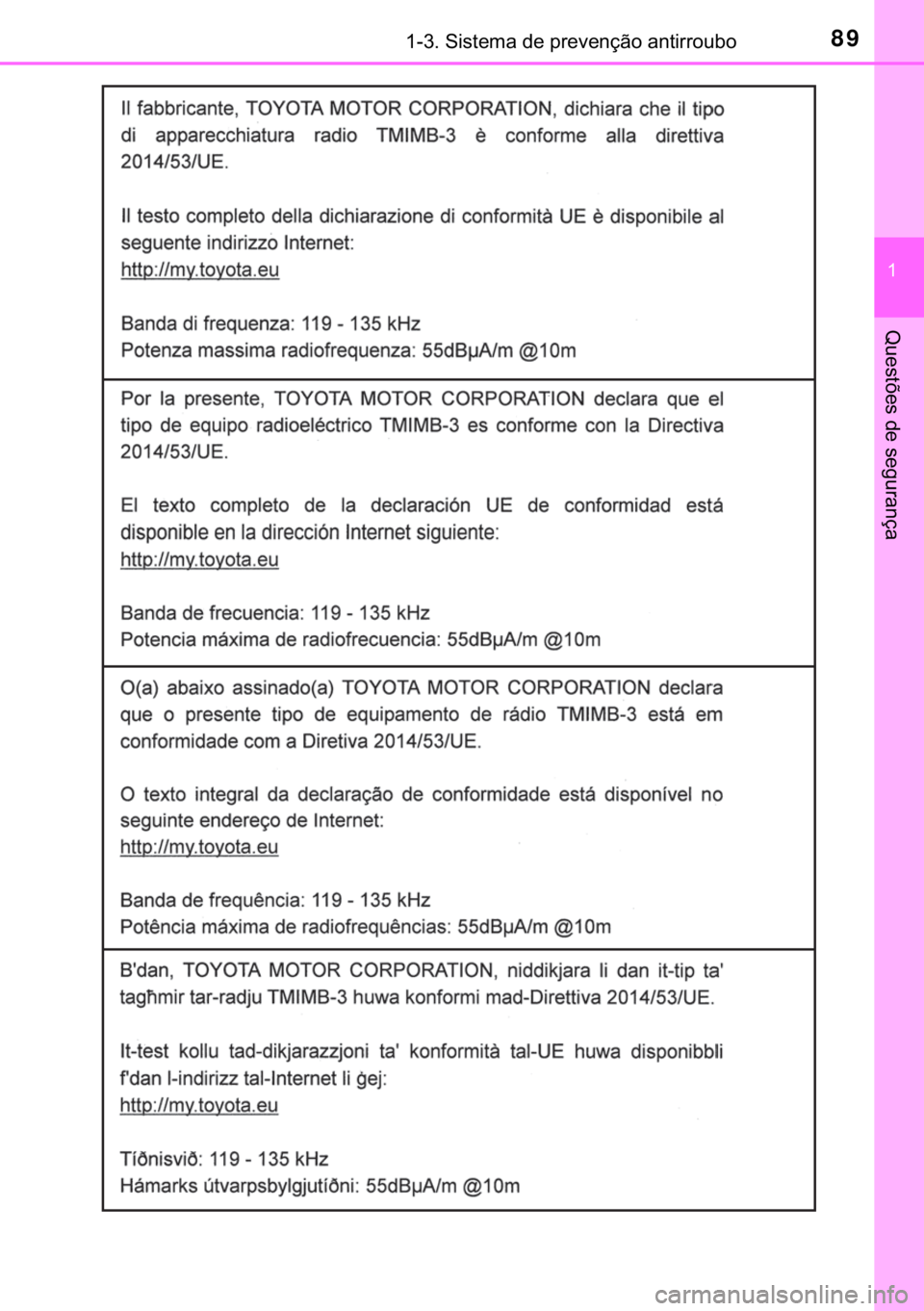 TOYOTA YARIS HATCHBACK 2019  Manual de utilização (in Portuguese) 89������6�L�V�W�H�P�D��G�H��S�U�H�Y�H�Q�o�m�R��D�Q�W�L�U�U�R�X�E�R
�
�4�X�H�V�W�}�H�V��G�H��V�H�J�X�U�D�Q�o�D 