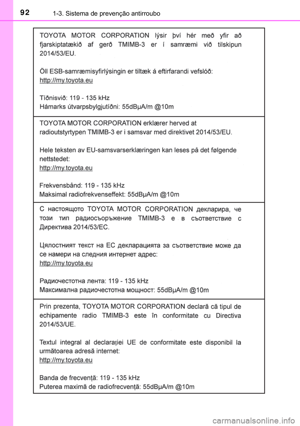 TOYOTA YARIS HATCHBACK 2019  Manual de utilização (in Portuguese) 92������6�L�V�W�H�P�D��G�H��S�U�H�Y�H�Q�o�m�R��D�Q�W�L�U�U�R�X�E�R 