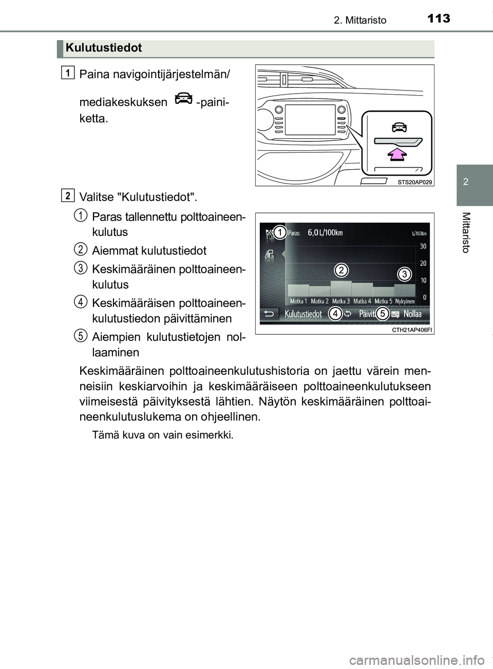TOYOTA YARIS HATCHBACK 2019 Omistajan Käsikirja (in Finnish) 1132. Mittaristo
2
Mittaristo
YARIS_F_OM_Europe_OM52A54FI
Paina navigointijärjestelmän/
mediakeskuksen -paini-
ketta.
Valitse "Kulutustiedot".Paras tallennettu polttoaineen-
kulutus
Aiemmat kulutust TOYOTA YARIS HATCHBACK 2019 Omistajan Käsikirja (in Finnish) 1132. Mittaristo
2
Mittaristo
YARIS_F_OM_Europe_OM52A54FI
Paina navigointijärjestelmän/
mediakeskuksen -paini-
ketta.
Valitse "Kulutustiedot".Paras tallennettu polttoaineen-
kulutus
Aiemmat kulutust