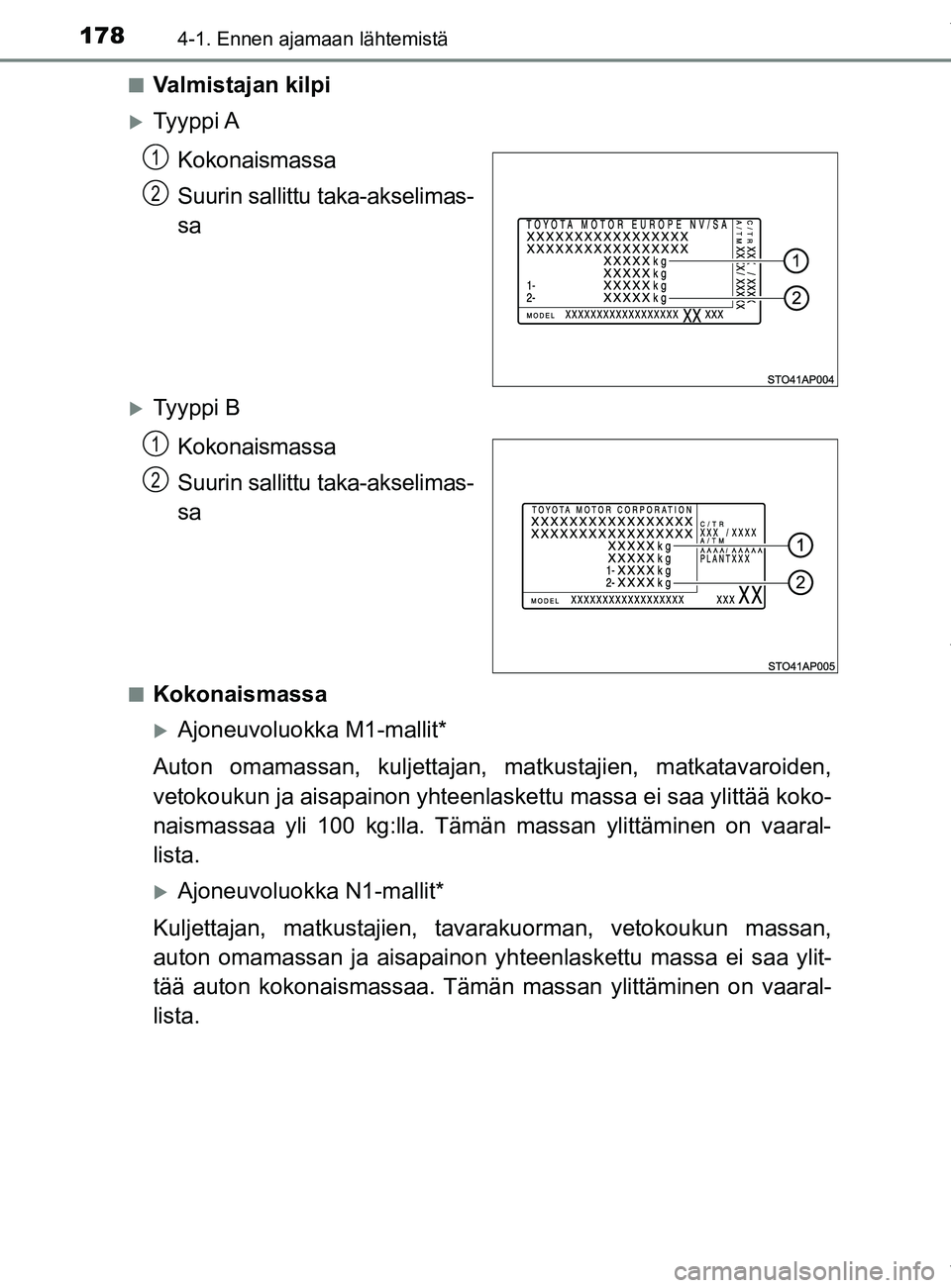 TOYOTA YARIS HATCHBACK 2019  Omistajan Käsikirja (in Finnish) 1784-1. Ennen ajamaan lähtemistä
YARIS_F_OM_Europe_OM52A54FIn
Valmistajan kilpi
Ty y p p i  A
Kokonaismassa
Suurin sallittu  taka-akselimas-
sa
Ty y p p i  B
Kokonaismassa
Suurin sallittu  tak