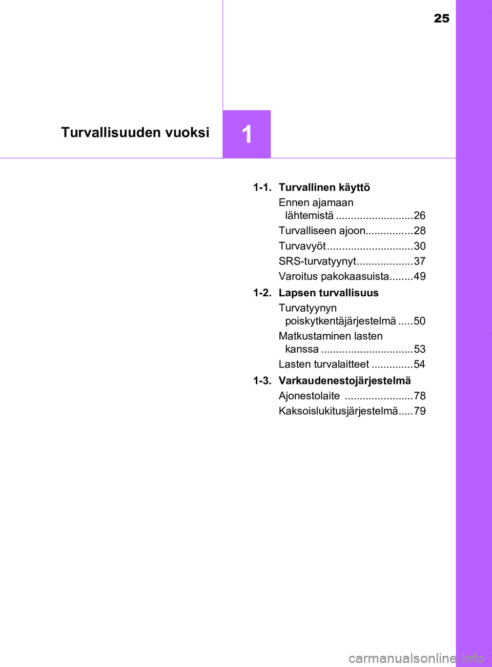 TOYOTA YARIS HATCHBACK 2019 Omistajan Käsikirja (in Finnish) 25
1Turvallisuuden vuoksi
YARIS_F_OM_Europe_OM52A54FI1-1. Turvallinen käyttö
Ennen ajamaan lähtemistä .......................... 26
Turvalliseen ajoon................ 28
Turvavyöt ............... TOYOTA YARIS HATCHBACK 2019 Omistajan Käsikirja (in Finnish) 25
1Turvallisuuden vuoksi
YARIS_F_OM_Europe_OM52A54FI1-1. Turvallinen käyttö
Ennen ajamaan lähtemistä .......................... 26
Turvalliseen ajoon................ 28
Turvavyöt ...............
