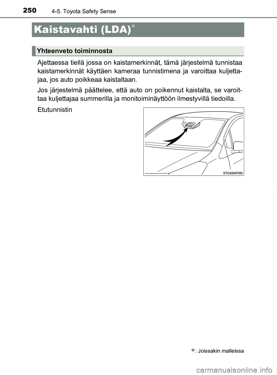 TOYOTA YARIS HATCHBACK 2019 Omistajan Käsikirja (in Finnish) 2504-5. Toyota Safety Sense
YARIS_F_OM_Europe_OM52A54FI
Kaistavahti (LDA)∗
Ajettaessa tiellä jossa on kaistamerkinnät, tämä järjestelmä tunnistaa
kaistamerkinnät käyttäen kameraa tunnistime TOYOTA YARIS HATCHBACK 2019 Omistajan Käsikirja (in Finnish) 2504-5. Toyota Safety Sense
YARIS_F_OM_Europe_OM52A54FI
Kaistavahti (LDA)∗
Ajettaessa tiellä jossa on kaistamerkinnät, tämä järjestelmä tunnistaa
kaistamerkinnät käyttäen kameraa tunnistime