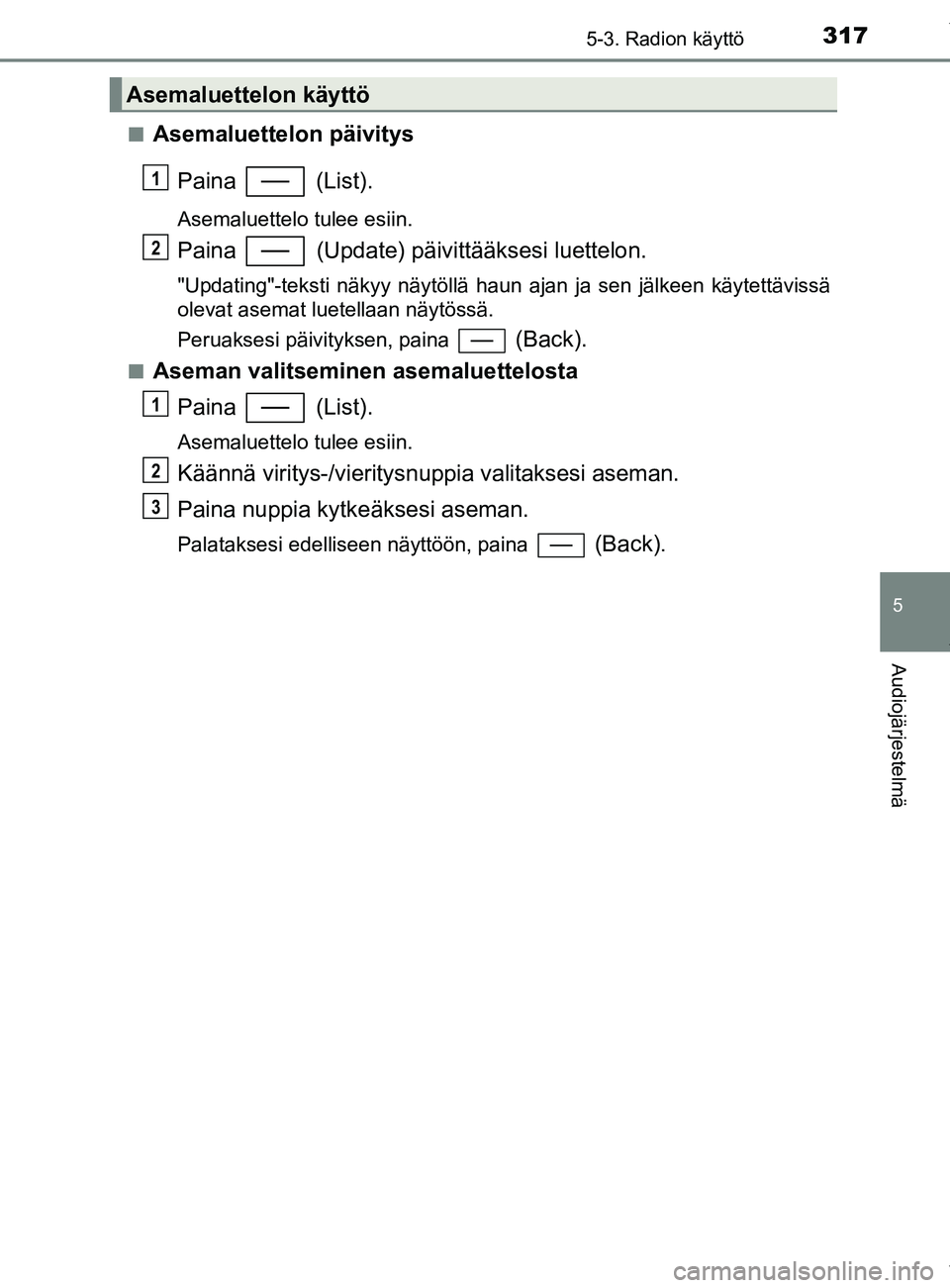 TOYOTA YARIS HATCHBACK 2019 Omistajan Käsikirja (in Finnish) 3175-3. Radion käyttö
5
Audiojärjestelmä
YARIS_F_OM_Europe_OM52A54FIn
Asemaluettelon päivitys
Paina (List).
Asemaluettelo tulee esiin.
Paina (Update) päivi ttääksesi luettelon.
"Updating"- TOYOTA YARIS HATCHBACK 2019 Omistajan Käsikirja (in Finnish) 3175-3. Radion käyttö
5
Audiojärjestelmä
YARIS_F_OM_Europe_OM52A54FIn
Asemaluettelon päivitys
Paina (List).
Asemaluettelo tulee esiin.
Paina (Update) päivi ttääksesi luettelon.
"Updating"-