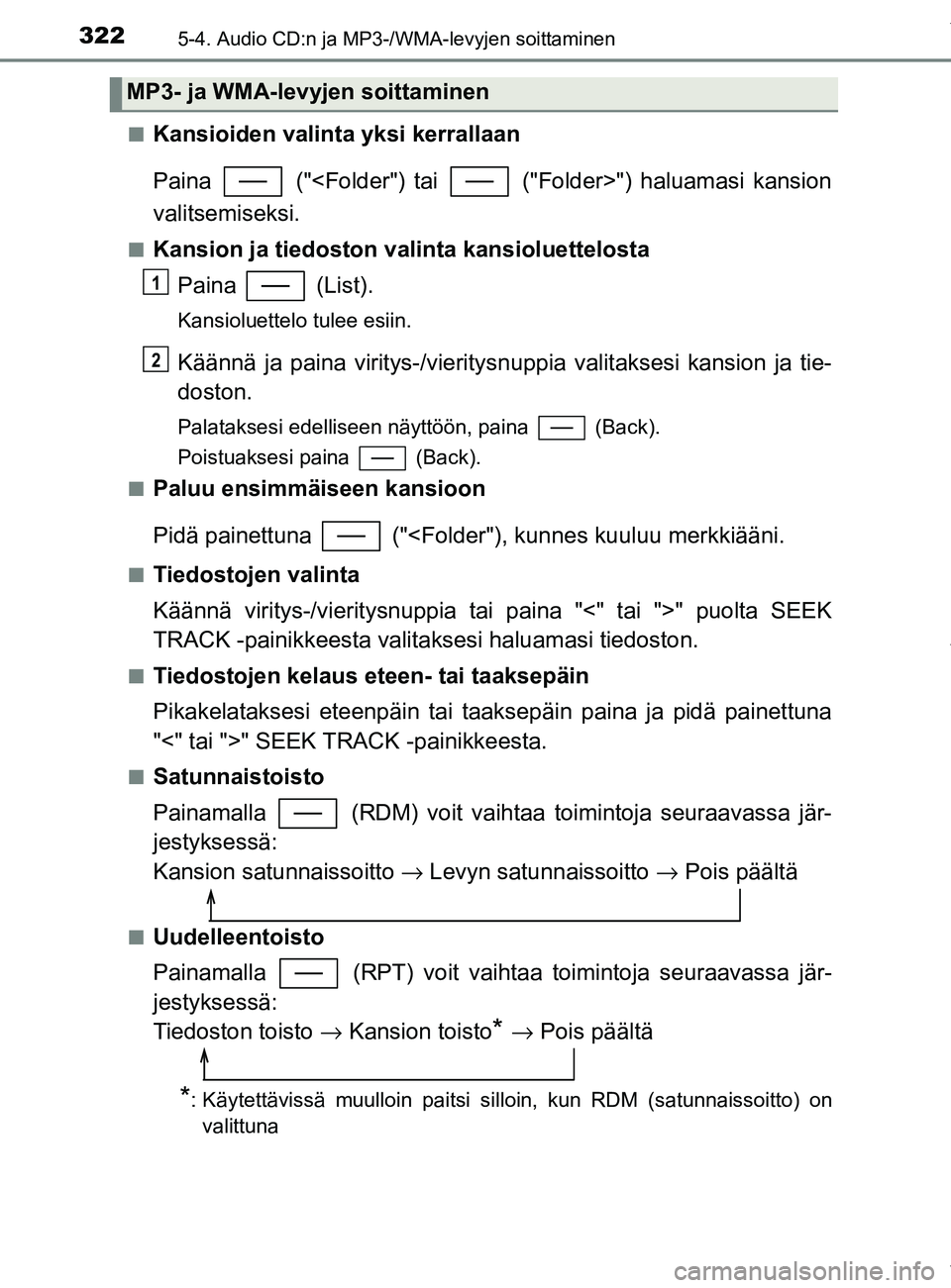 TOYOTA YARIS HATCHBACK 2019  Omistajan Käsikirja (in Finnish) 3225-4. Audio CD:n ja MP3-/WMA-levyjen soittaminen
YARIS_F_OM_Europe_OM52A54FIn
Kansioiden valinta yksi kerrallaan
Paina   ("<Folder") tai   ("Folder>") haluamasi kansion
valitsemiseksi.
nKansion ja t