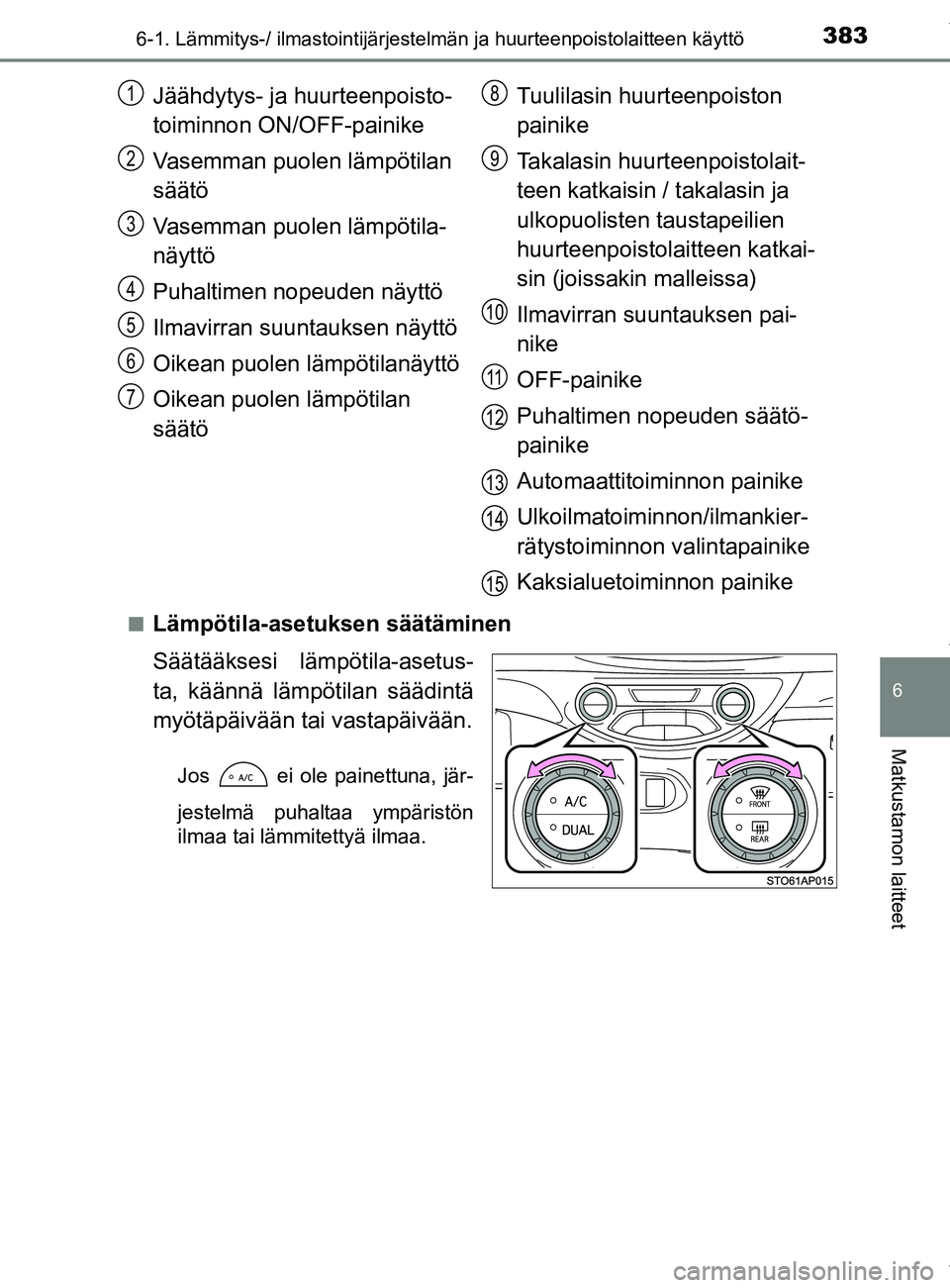 TOYOTA YARIS HATCHBACK 2019  Omistajan Käsikirja (in Finnish) 3836-1. Lämmitys-/ ilmastointijärjestelmän ja huurteenpoistolaitteen käyttö
6
Matkustamon laitteet
YARIS_F_OM_Europe_OM52A54FIn
Lämpötila-asetuksen säätäminen
Säätääksesi lämpötila-ase