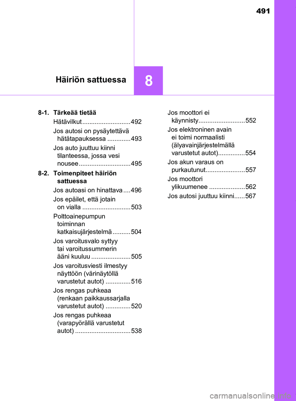 TOYOTA YARIS HATCHBACK 2019  Omistajan Käsikirja (in Finnish) 491
8Häiriön sattuessa
YARIS_F_OM_Europe_OM52A54FI8-1. Tärkeää tietää
Hätävilkut ........................... 492
Jos autosi on pysäytettävä hätätapauksessa ............. 493
Jos auto juu
