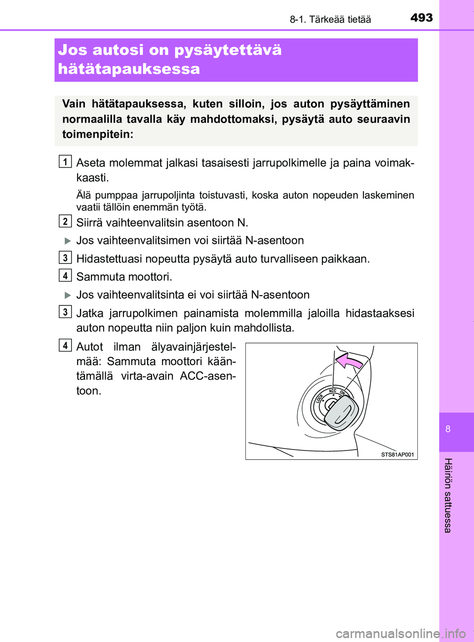TOYOTA YARIS HATCHBACK 2019  Omistajan Käsikirja (in Finnish) 4938-1. Tärkeää tietää
8
Häiriön sattuessa
YARIS_F_OM_Europe_OM52A54FI
Jos autosi on pysäytettävä 
hätätapauksessa
Aseta molemmat jalkasi tasaisesti jarrupolkimelle ja paina voimak-
kaasti