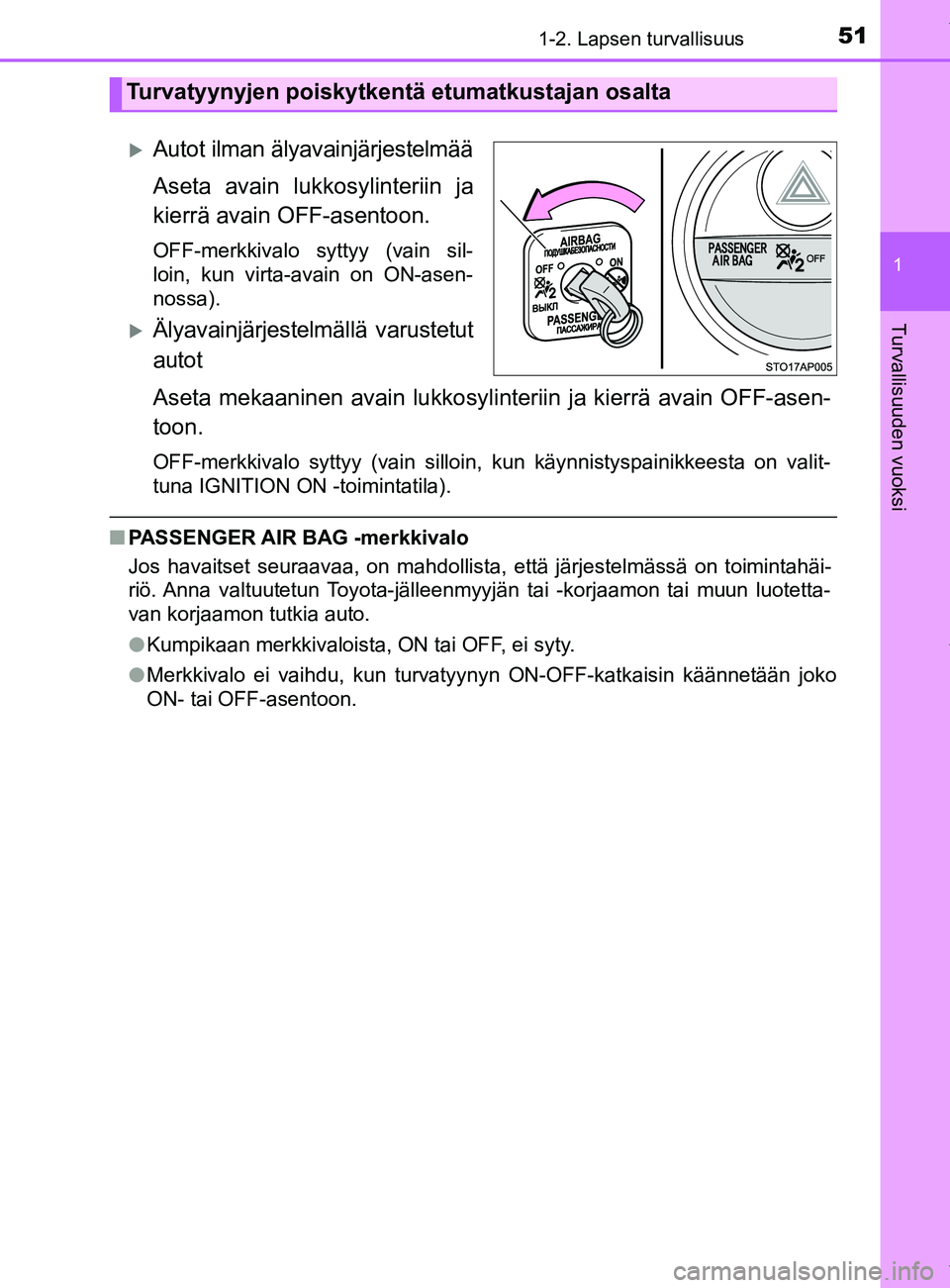 TOYOTA YARIS HATCHBACK 2019 Omistajan Käsikirja (in Finnish) 511-2. Lapsen turvallisuus
1
Turvallisuuden vuoksi
YARIS_F_OM_Europe_OM52A54FI
Autot ilman älyavainjärjestelmää
Aseta avain lukkosylinteriin ja
kierrä avain OFF-asentoon.
OFF-merkkivalo syttyy TOYOTA YARIS HATCHBACK 2019 Omistajan Käsikirja (in Finnish) 511-2. Lapsen turvallisuus
1
Turvallisuuden vuoksi
YARIS_F_OM_Europe_OM52A54FI
Autot ilman älyavainjärjestelmää
Aseta avain lukkosylinteriin ja
kierrä avain OFF-asentoon.
OFF-merkkivalo syttyy