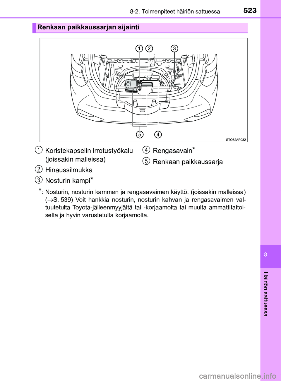 TOYOTA YARIS HATCHBACK 2019  Omistajan Käsikirja (in Finnish) 5238-2. Toimenpiteet häiriön sattuessa
8
Häiriön sattuessa
YARIS_F_OM_Europe_OM52A54FI
*: Nosturin, nosturin kammen ja rengasavaimen käyttö. (joissakin malleissa)(→S. 539) Voit hankkia nosturi