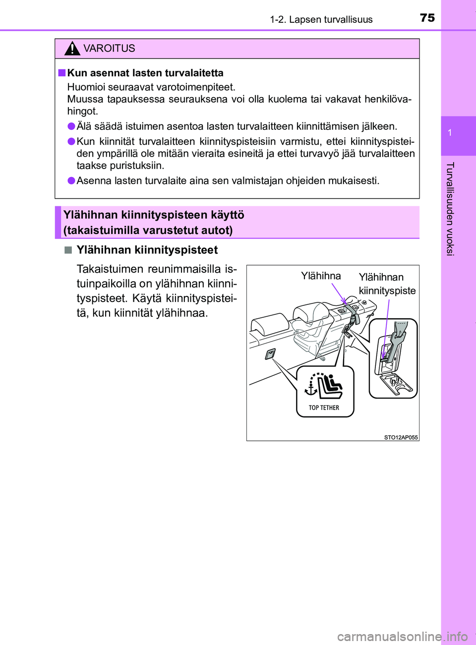 TOYOTA YARIS HATCHBACK 2019 Omistajan Käsikirja (in Finnish) 751-2. Lapsen turvallisuus
1
Turvallisuuden vuoksi
YARIS_F_OM_Europe_OM52A54FIn
Ylähihnan kiinnityspisteet
Takaistuimen reunimmaisilla is-
tuinpaikoilla on ylähihnan kiinni-
tyspisteet. Käytä kiin TOYOTA YARIS HATCHBACK 2019 Omistajan Käsikirja (in Finnish) 751-2. Lapsen turvallisuus
1
Turvallisuuden vuoksi
YARIS_F_OM_Europe_OM52A54FIn
Ylähihnan kiinnityspisteet
Takaistuimen reunimmaisilla is-
tuinpaikoilla on ylähihnan kiinni-
tyspisteet. Käytä kiin