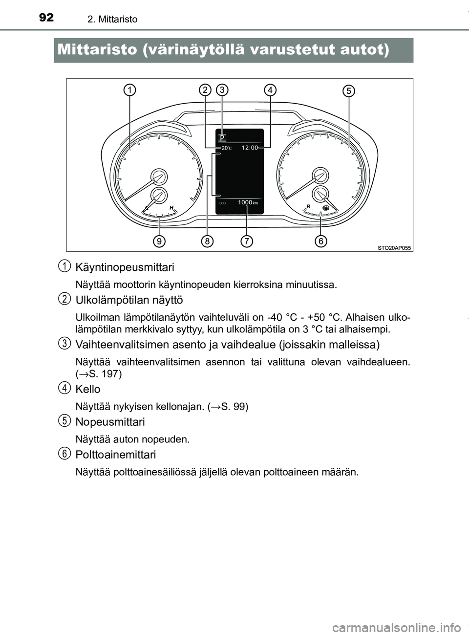 TOYOTA YARIS HATCHBACK 2019 Omistajan Käsikirja (in Finnish) 922. Mittaristo
YARIS_F_OM_Europe_OM52A54FI
Mittaristo (värinäytöllä varustetut autot)
Käyntinopeusmittari
Näyttää moottorin käyntinopeuden kierroksina minuutissa.
Ulkolämpötilan näyttö
U TOYOTA YARIS HATCHBACK 2019 Omistajan Käsikirja (in Finnish) 922. Mittaristo
YARIS_F_OM_Europe_OM52A54FI
Mittaristo (värinäytöllä varustetut autot)
Käyntinopeusmittari
Näyttää moottorin käyntinopeuden kierroksina minuutissa.
Ulkolämpötilan näyttö
U