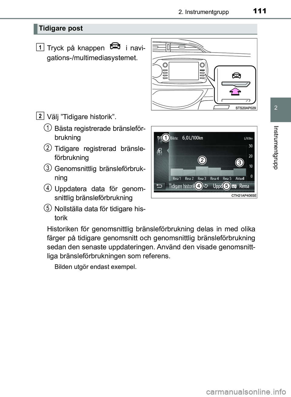TOYOTA YARIS HATCHBACK 2019 Bruksanvisningar (in Swedish) 1112. Instrumentgrupp
2
Instrumentgrupp
OM52A54SE
Tryck på knappen i navi-
gations-/multimediasystemet.
Välj ”Tidigare historik”. Bästa registrerade bränsleför-
brukning
Tidigare registrera TOYOTA YARIS HATCHBACK 2019 Bruksanvisningar (in Swedish) 1112. Instrumentgrupp
2
Instrumentgrupp
OM52A54SE
Tryck på knappen i navi-
gations-/multimediasystemet.
Välj ”Tidigare historik”. Bästa registrerade bränsleför-
brukning
Tidigare registrera