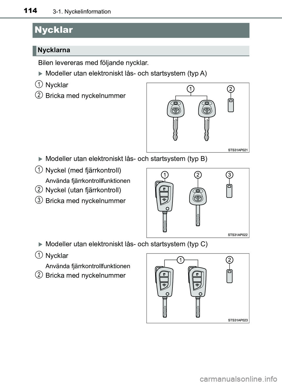 TOYOTA YARIS HATCHBACK 2019 Bruksanvisningar (in Swedish) 1143-1. Nyckelinformation
OM52A54SE
Nycklar
Bilen levereras med följande nycklar.
Modeller utan elektroniskt lås- och startsystem (typ A)
Nycklar
Bricka med nyckelnummer
Modeller utan elektron TOYOTA YARIS HATCHBACK 2019 Bruksanvisningar (in Swedish) 1143-1. Nyckelinformation
OM52A54SE
Nycklar
Bilen levereras med följande nycklar.
Modeller utan elektroniskt lås- och startsystem (typ A)
Nycklar
Bricka med nyckelnummer
Modeller utan elektron