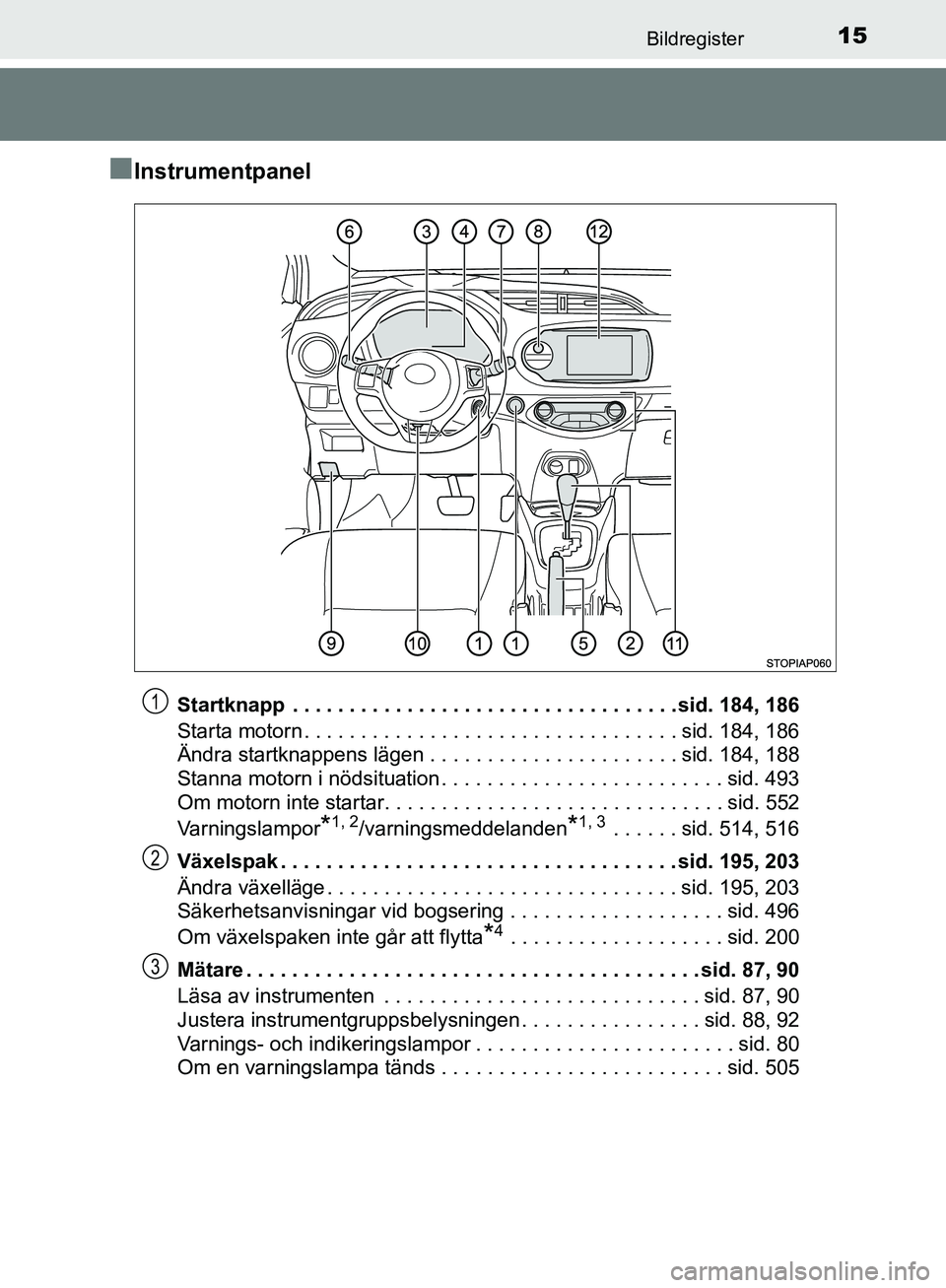 TOYOTA YARIS HATCHBACK 2019  Bruksanvisningar (in Swedish) 15Bildregister
OM52A54SE
nInstrumentpanel
Startknapp  . . . . . . . . . . . . . . . . . . . . . . . . . . . . . . . . . . sid. 184, 186
Starta motorn . . . . . . . . . . . . . . . . . . . . . . . . . 