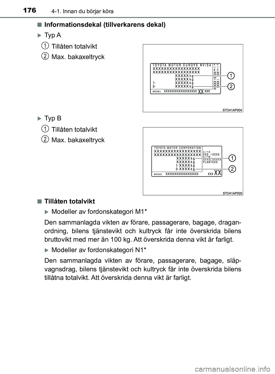 TOYOTA YARIS HATCHBACK 2019 Bruksanvisningar (in Swedish) 1764-1. Innan du börjar köra
OM52A54SEn
Informationsdekal (tillverkarens dekal)
Ty p A
Tillåten totalvikt
Max. bakaxeltryck
Ty p BTillåten totalvikt
Max. bakaxeltryck
nTillåten totalvikt
TOYOTA YARIS HATCHBACK 2019 Bruksanvisningar (in Swedish) 1764-1. Innan du börjar köra
OM52A54SEn
Informationsdekal (tillverkarens dekal)
Ty p A
Tillåten totalvikt
Max. bakaxeltryck
Ty p BTillåten totalvikt
Max. bakaxeltryck
nTillåten totalvikt
