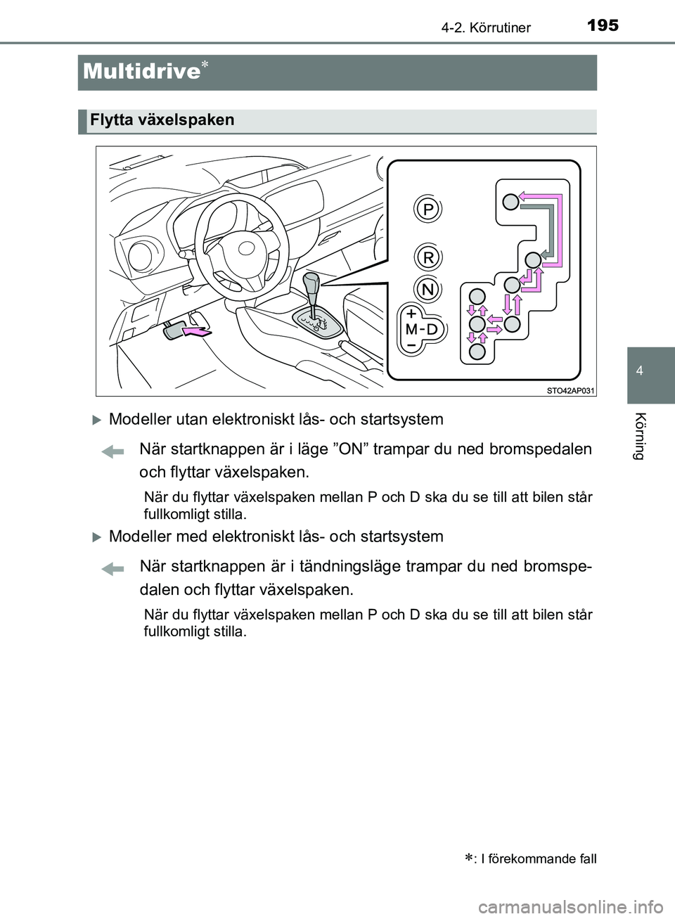 TOYOTA YARIS HATCHBACK 2019 Bruksanvisningar (in Swedish) 195
4
4-2. Körrutiner
Körning
OM52A54SE
Multidrive
Modeller utan elektroniskt lås- och startsystemNär startknappen är i läge ”ON” trampar du ned bromspedalen
och flyttar växelspaken.
TOYOTA YARIS HATCHBACK 2019 Bruksanvisningar (in Swedish) 195
4
4-2. Körrutiner
Körning
OM52A54SE
Multidrive
Modeller utan elektroniskt lås- och startsystemNär startknappen är i läge ”ON” trampar du ned bromspedalen
och flyttar växelspaken.