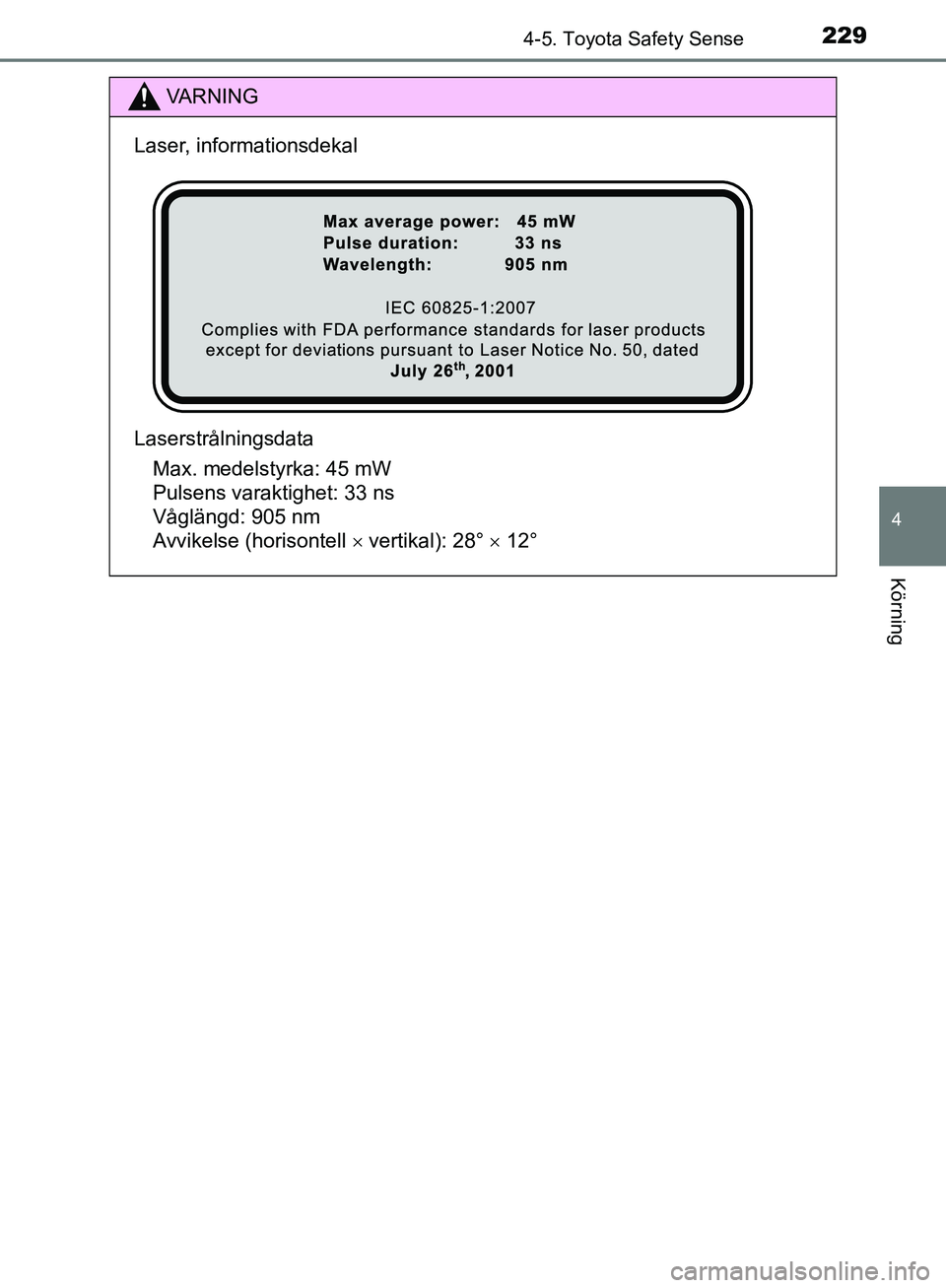 TOYOTA YARIS HATCHBACK 2019 Bruksanvisningar (in Swedish) 2294-5. Toyota Safety Sense
4
Körning
OM52A54SE
VA R N I N G
Laser, informationsdekal
LaserstrålningsdataMax. medelstyrka: 45 mW
Pulsens varaktighet: 33 ns
Våglängd: 905 nm
Avvikelse (horisonte TOYOTA YARIS HATCHBACK 2019 Bruksanvisningar (in Swedish) 2294-5. Toyota Safety Sense
4
Körning
OM52A54SE
VA R N I N G
Laser, informationsdekal
LaserstrålningsdataMax. medelstyrka: 45 mW
Pulsens varaktighet: 33 ns
Våglängd: 905 nm
Avvikelse (horisonte