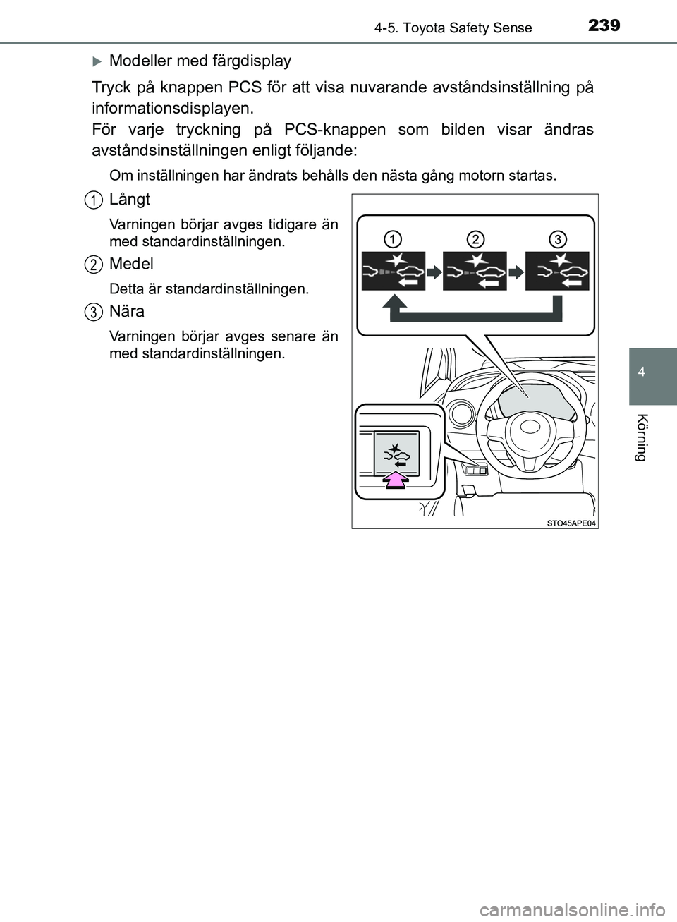 TOYOTA YARIS HATCHBACK 2019 Bruksanvisningar (in Swedish) 2394-5. Toyota Safety Sense
4
Körning
OM52A54SE
Modeller med färgdisplay
Tryck på knappen PCS för att visa nuvarande avståndsinställning på
informationsdisplayen.
För varje tryckning på P TOYOTA YARIS HATCHBACK 2019 Bruksanvisningar (in Swedish) 2394-5. Toyota Safety Sense
4
Körning
OM52A54SE
Modeller med färgdisplay
Tryck på knappen PCS för att visa nuvarande avståndsinställning på
informationsdisplayen.
För varje tryckning på P