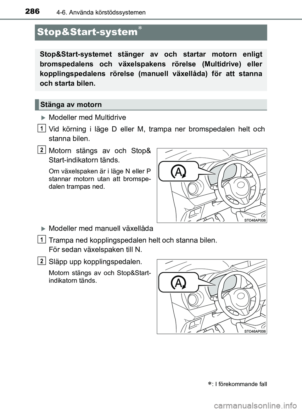 TOYOTA YARIS HATCHBACK 2019 Bruksanvisningar (in Swedish) 2864-6. Använda körstödssystemen
OM52A54SE
Stop&Start-system
Modeller med Multidrive
Vid körning i läge D eller M, trampa ner bromspedalen helt och
stanna bilen.
Motorn stängs av och Stop& TOYOTA YARIS HATCHBACK 2019 Bruksanvisningar (in Swedish) 2864-6. Använda körstödssystemen
OM52A54SE
Stop&Start-system
Modeller med Multidrive
Vid körning i läge D eller M, trampa ner bromspedalen helt och
stanna bilen.
Motorn stängs av och Stop&