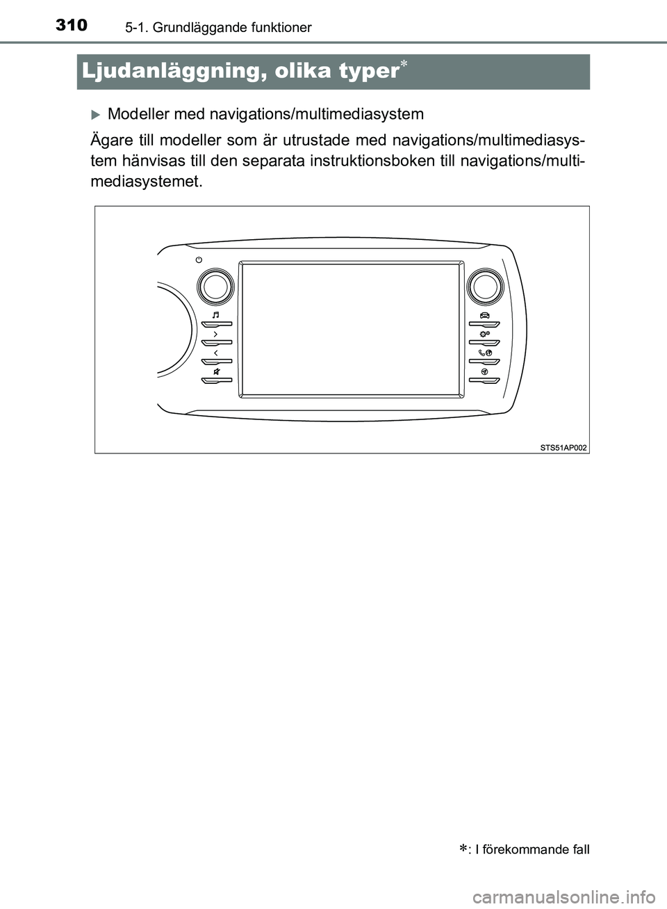 TOYOTA YARIS HATCHBACK 2019 Bruksanvisningar (in Swedish) 3105-1. Grundläggande funktioner
OM52A54SE
Ljudanläggning, olika typer
Modeller med navigations/multimediasystem
Ägare till modeller som är utrust ade med navigations/multimediasys-
tem hän TOYOTA YARIS HATCHBACK 2019 Bruksanvisningar (in Swedish) 3105-1. Grundläggande funktioner
OM52A54SE
Ljudanläggning, olika typer
Modeller med navigations/multimediasystem
Ägare till modeller som är utrust ade med navigations/multimediasys-
tem hän